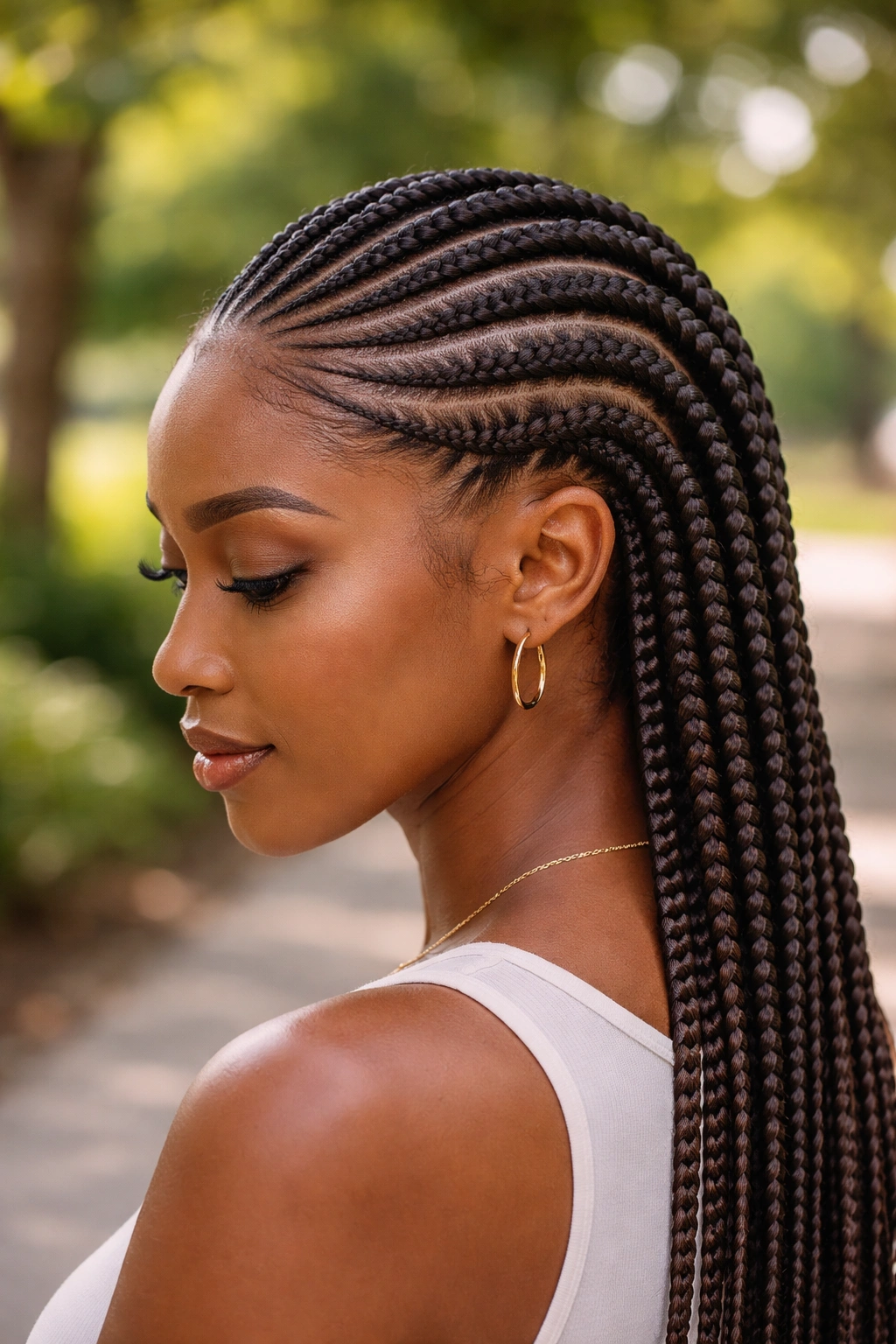 Three-quarter view of a real woman with curved Ghana cornrows across the scalp.