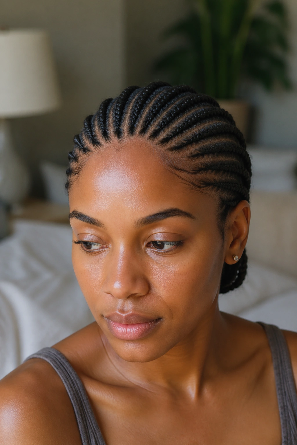 Close-up of a real person with front cornrows curving along a curved hairline