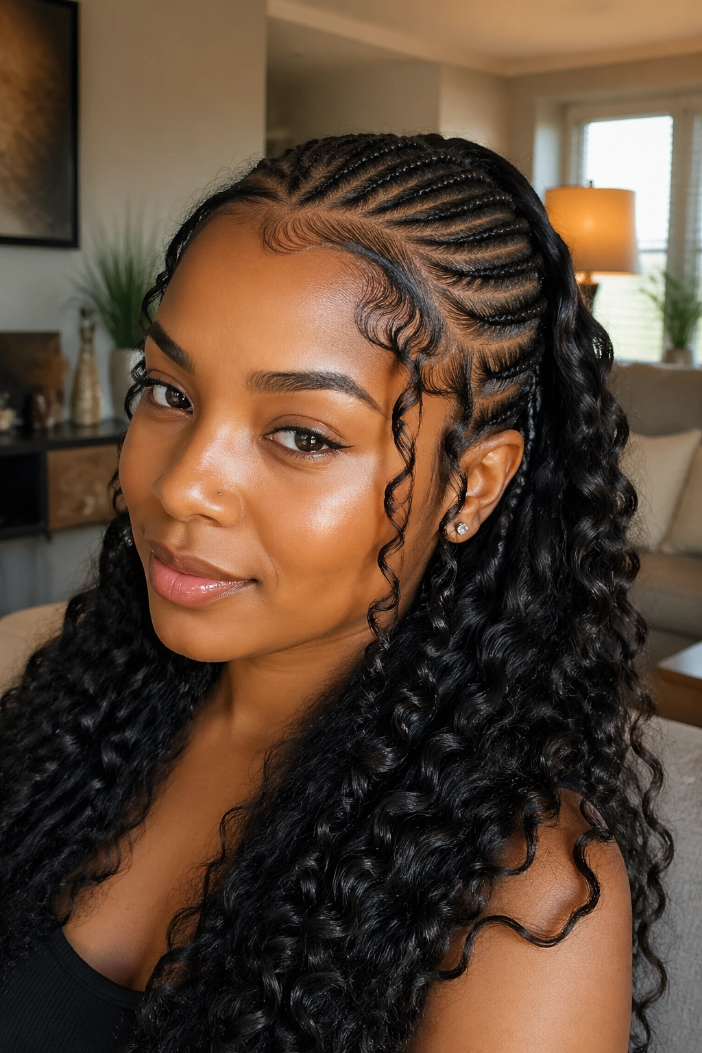 Close-up of goddess cornrows curving along the hairline with face-framing curls
