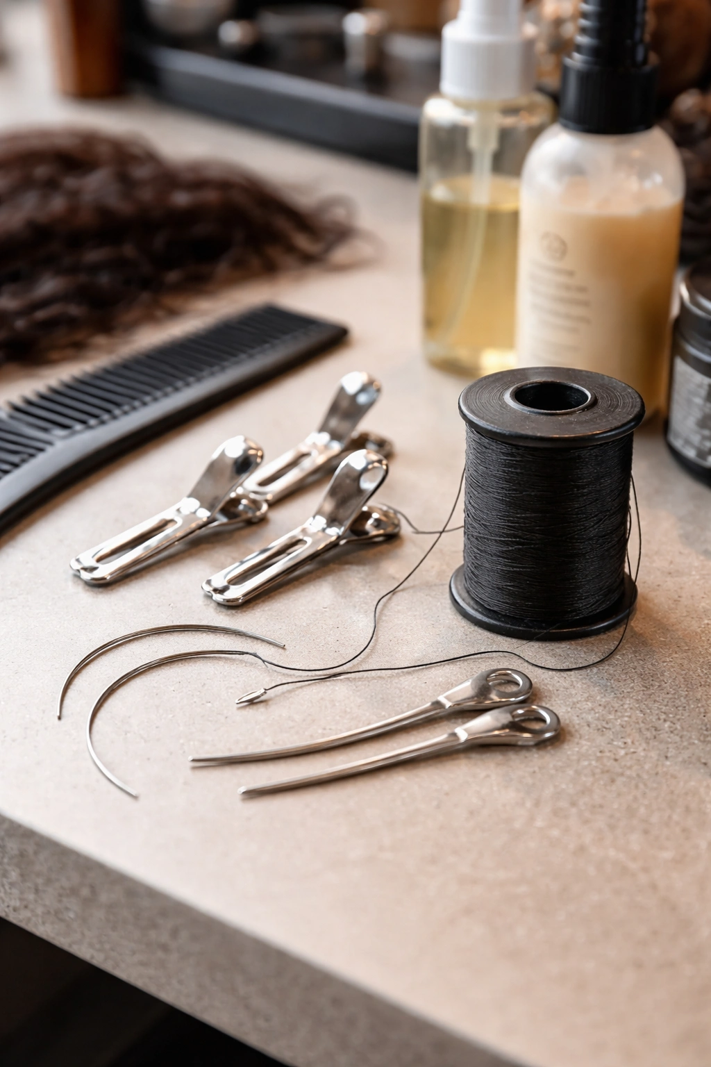 Close-up of curved sewing needle, thread, and bulldog clips on a hair-styling station