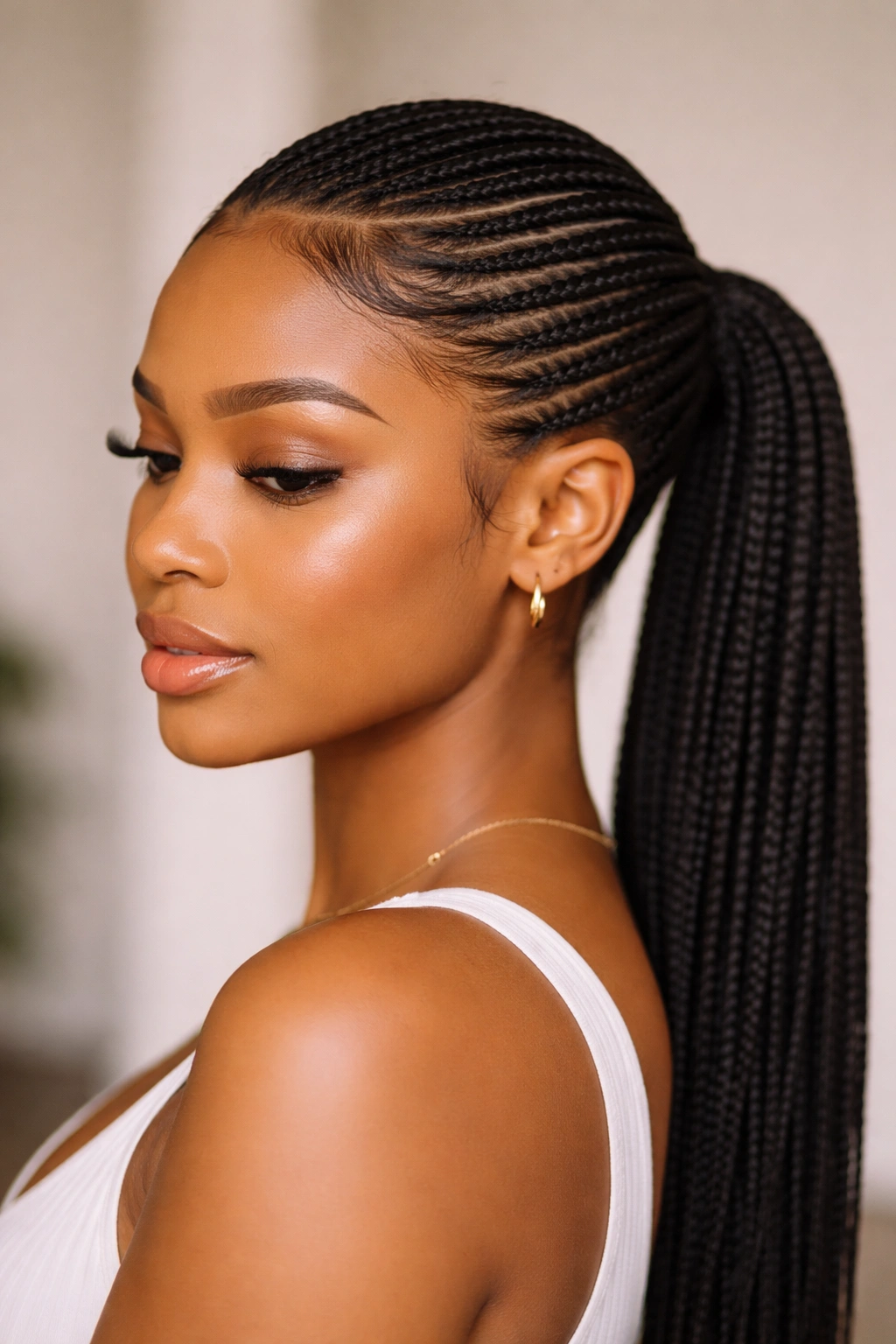 Curved-part knotless ponytail close-up with curved part and low ponytail