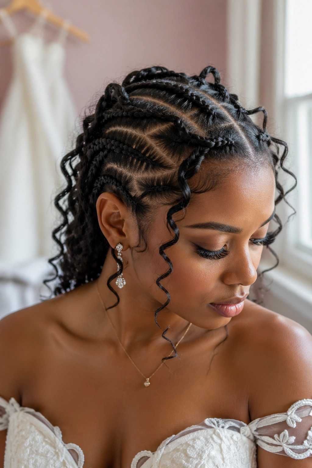 Close-up of curved-part butterfly cornrows on a real person with soft bridal lighting