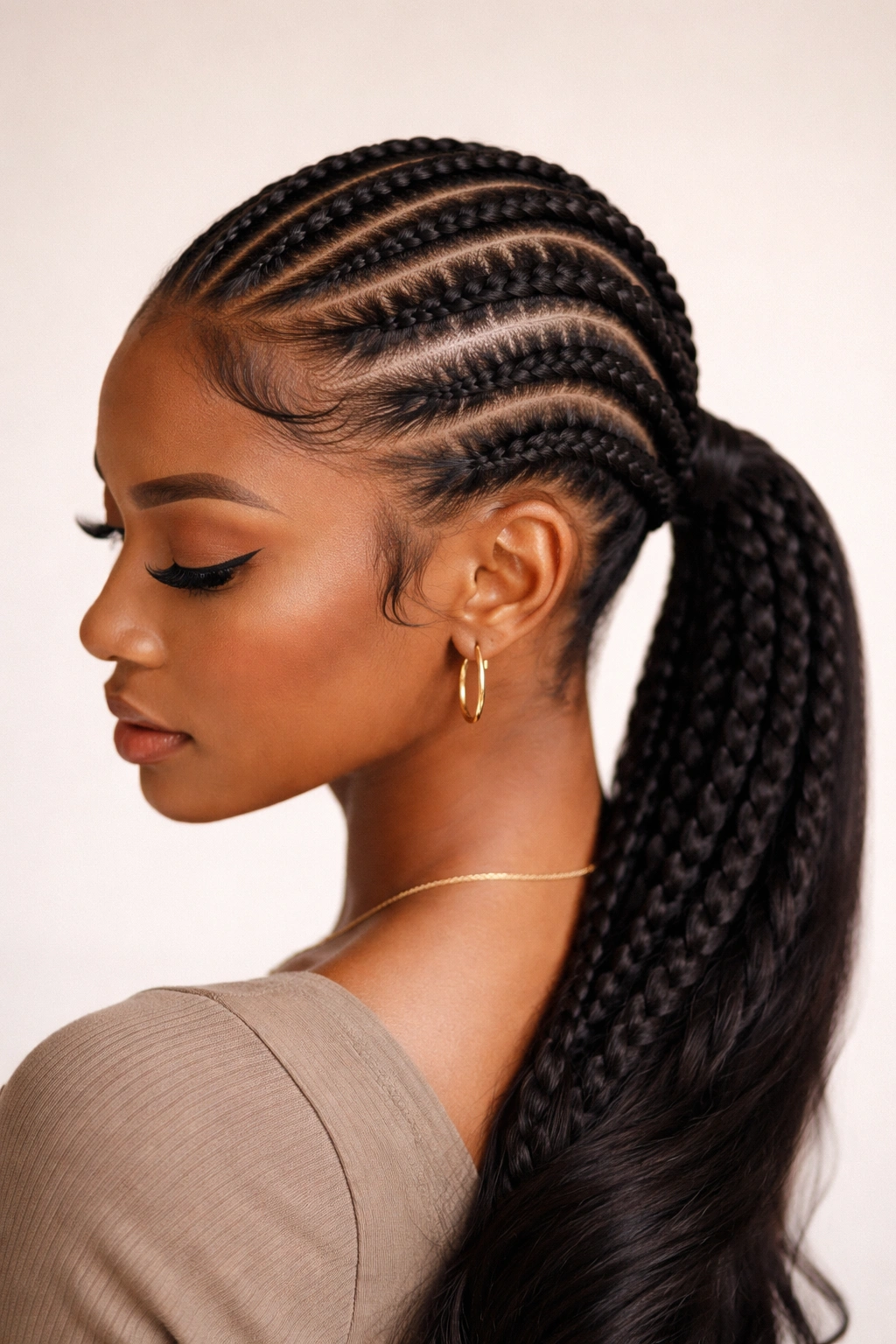 Low cornrow ponytail with curved part and arced braids