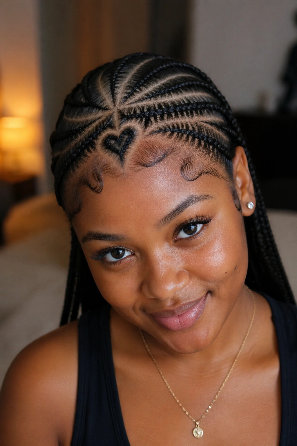Real person with curved parting cornrows showing softer, cuter pattern