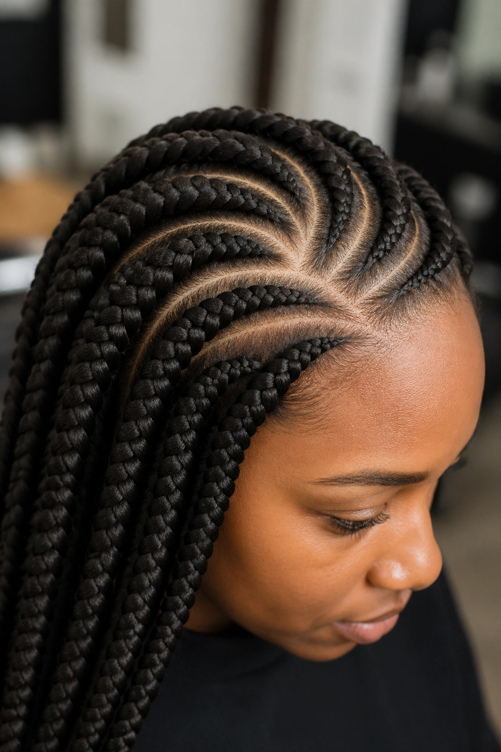 Portrait of jumbo box braids with curved parts around the scalp on a real person