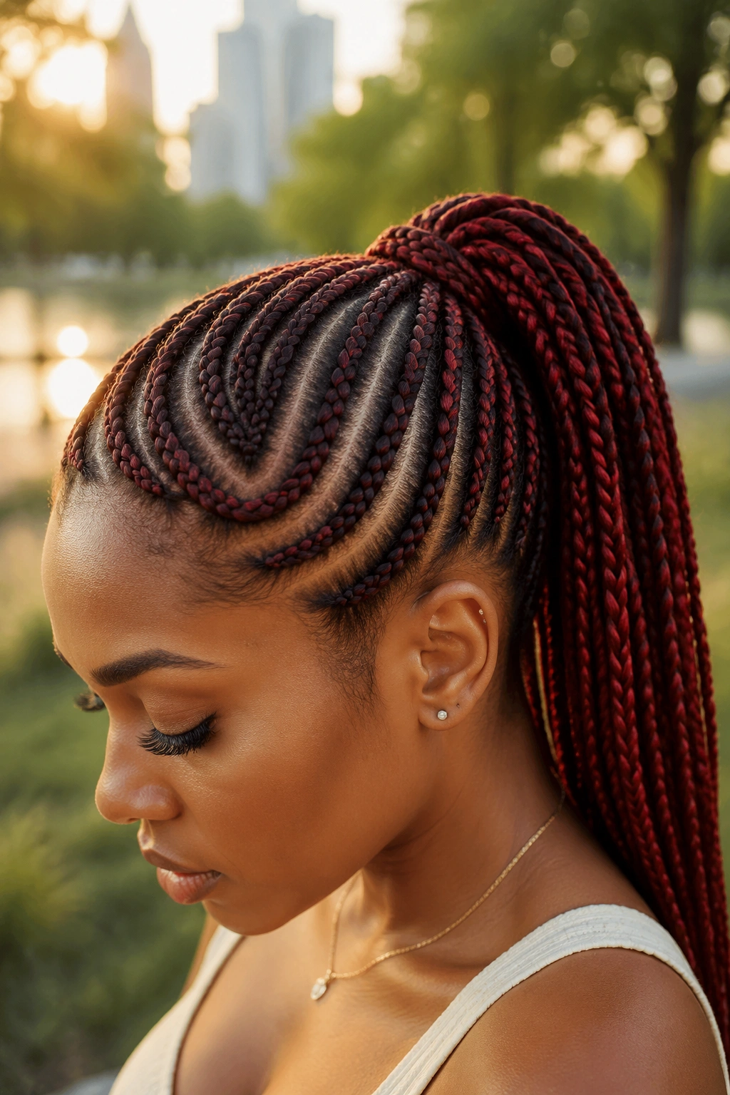 Close-up of curved-part red braided ponytail on a real person with curved scalp part