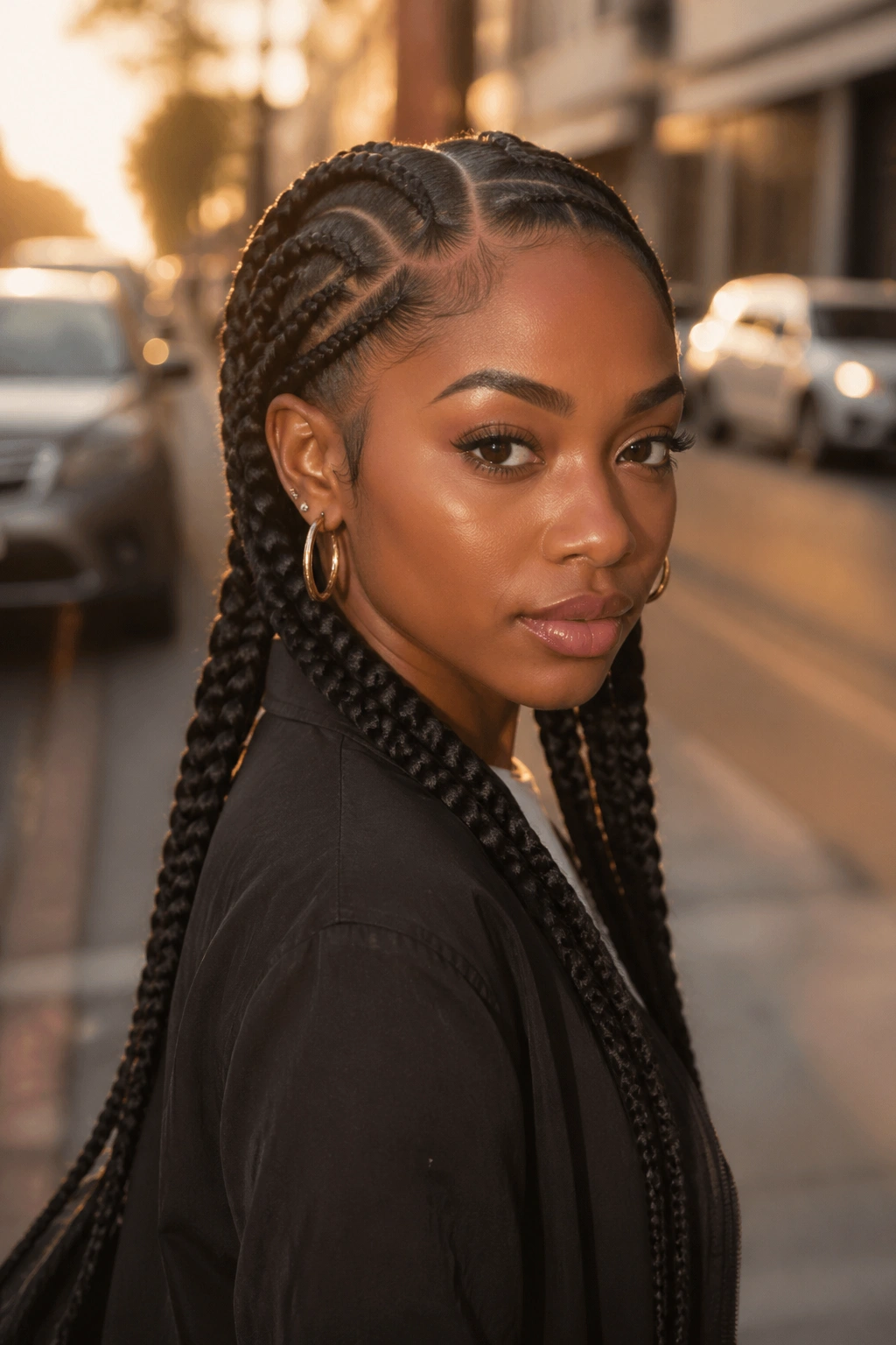 Close-up portrait of a real person with curved-part twin braids