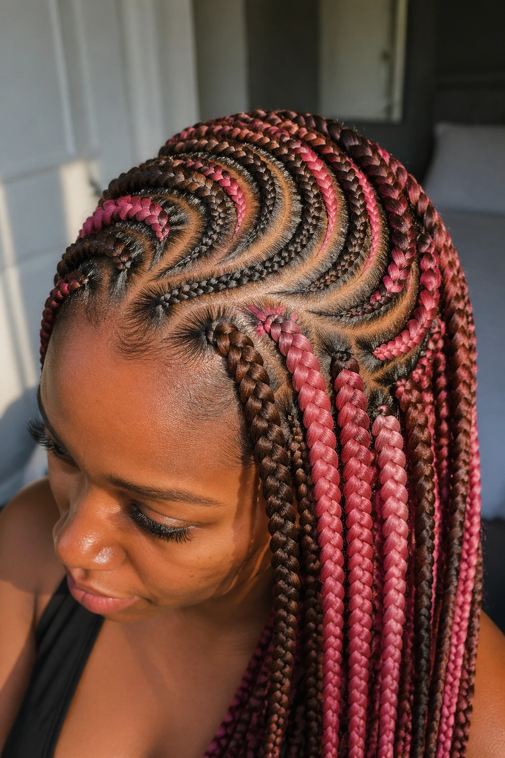 Close-up portrait of a real woman with curved parting brown and pink box braids around the crown
