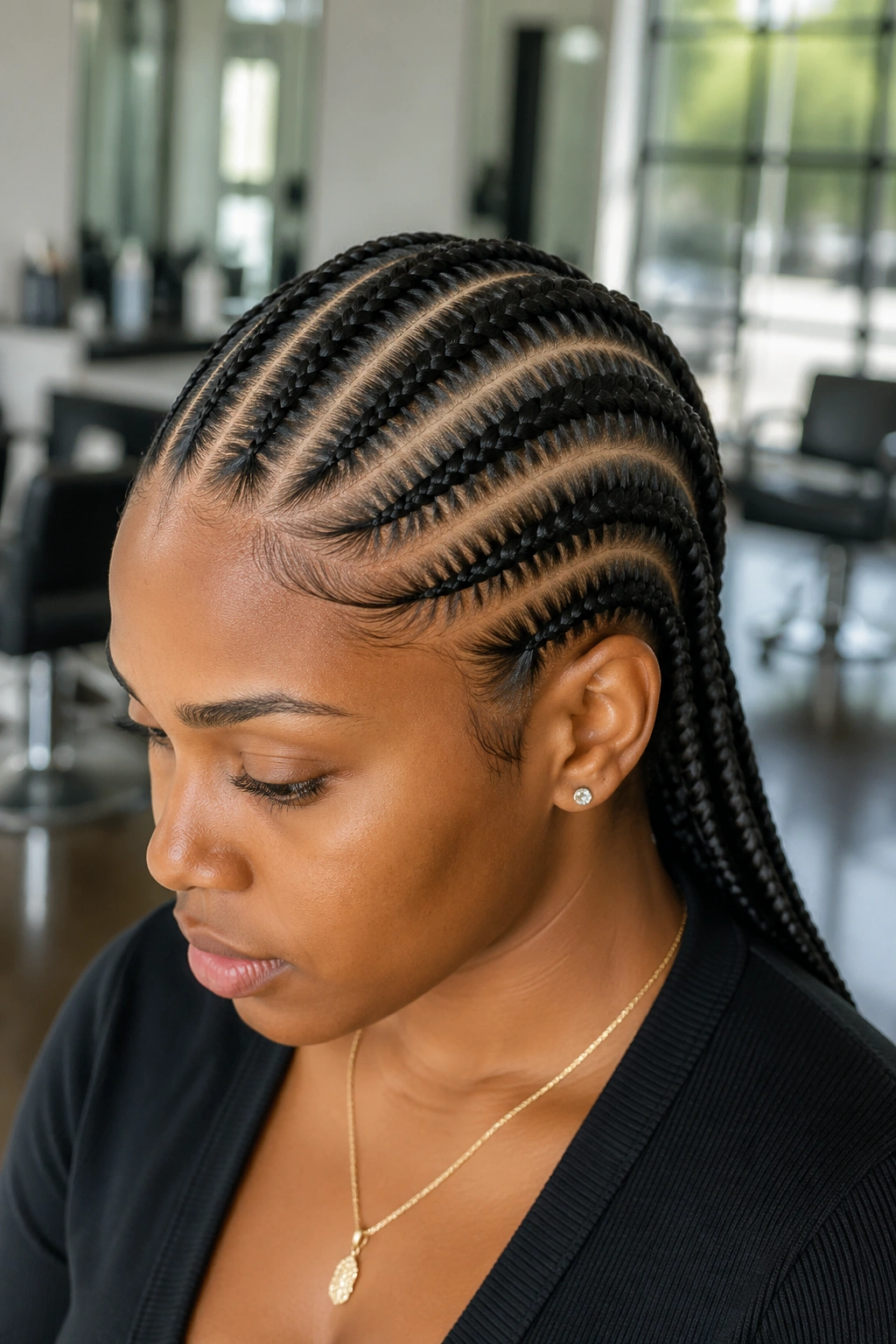 Close-up of a real woman with eight curved-part cornrows under natural salon light
