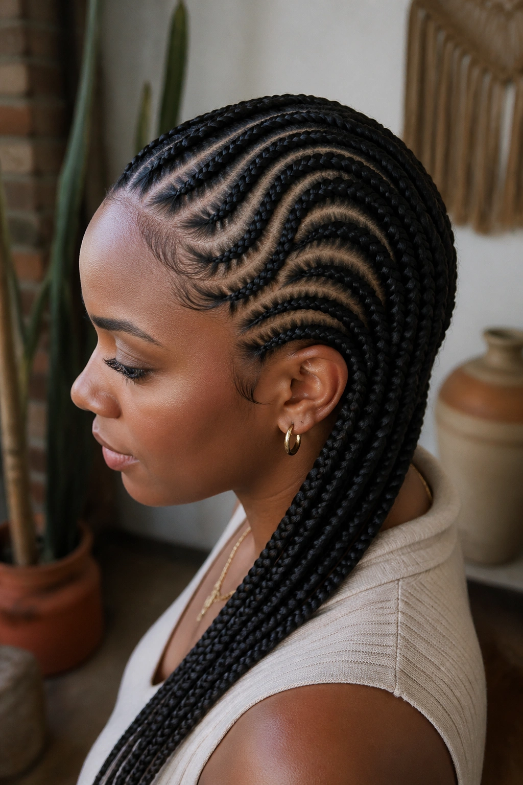 Profile view of a real person with curved-part knotless cornrows forming smooth arcs.