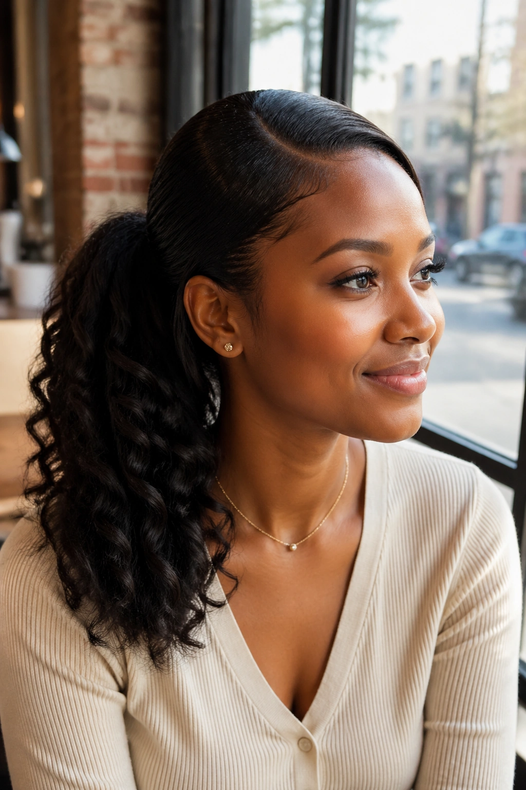 Portrait of a real Black woman with a curved ponytail and soft side part in a sunlit cafe.