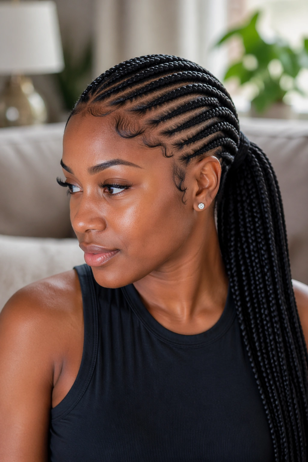 Close-up of a real woman with a curved side feed-in ponytail and arc flowing into the ponytail.
