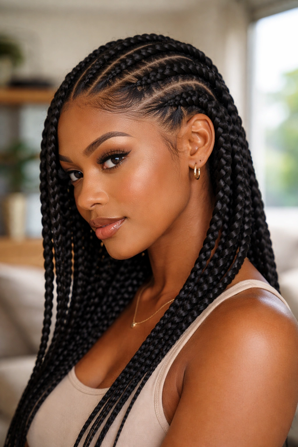 Real person wearing six braids with curved side parts, side-swoop across forehead.
