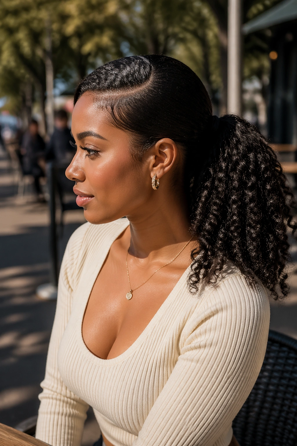 Side profile of curved side part tucked behind ear with mid ponytail.