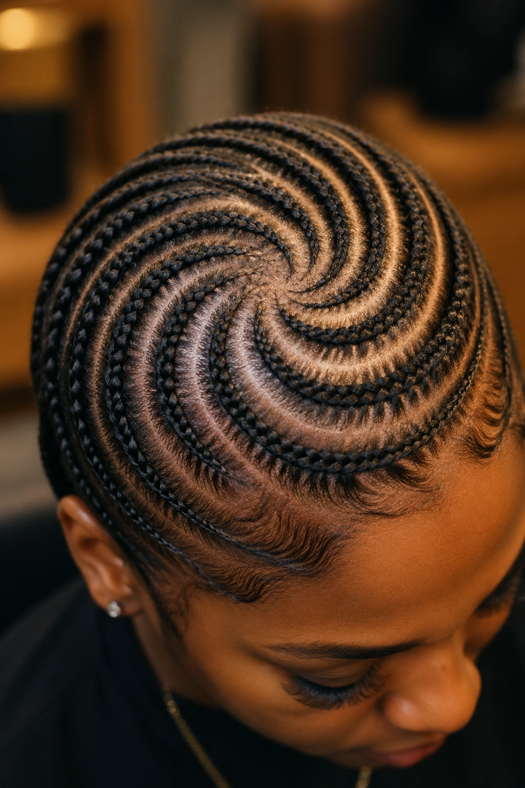Close-up of a real person's head with a curved spiral cornrow pattern.