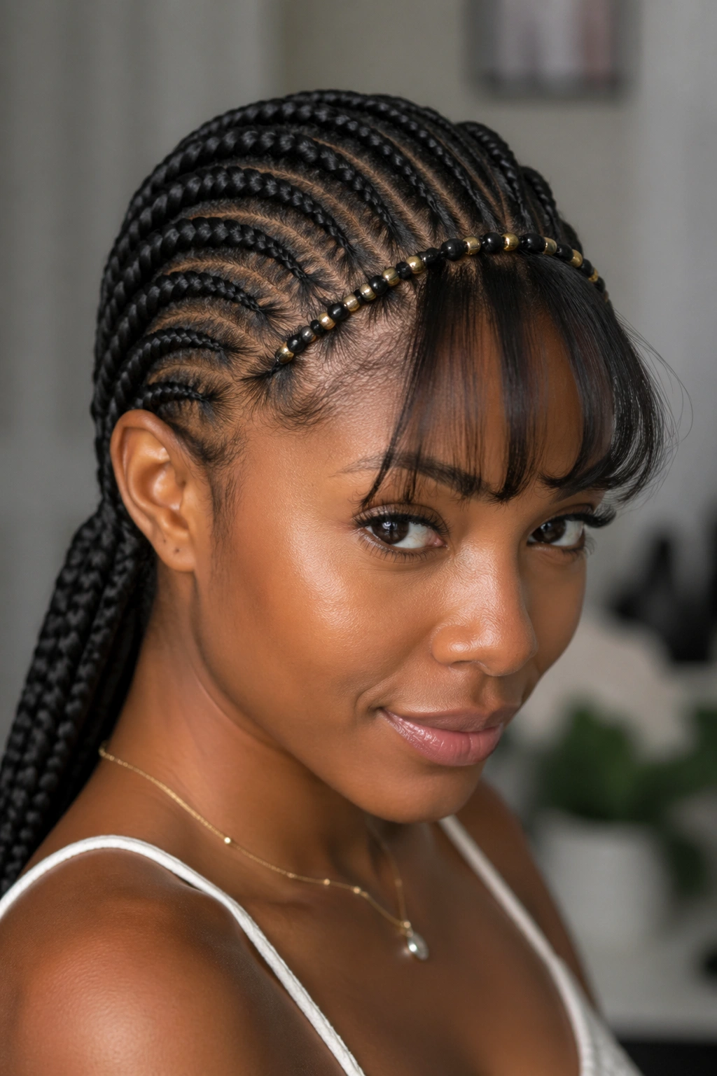 Close-up portrait of a real person with curved stitch cornrows framing the face and a small front bang with beads behind