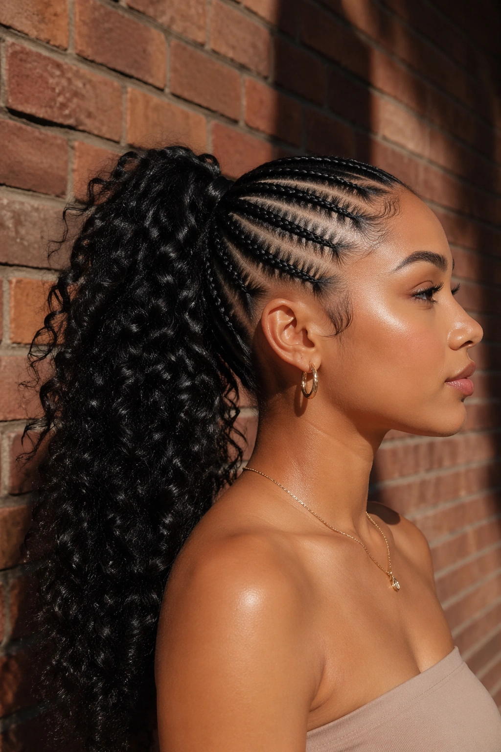 Curved stitch braid ponytail along the hairline viewed in side profile.