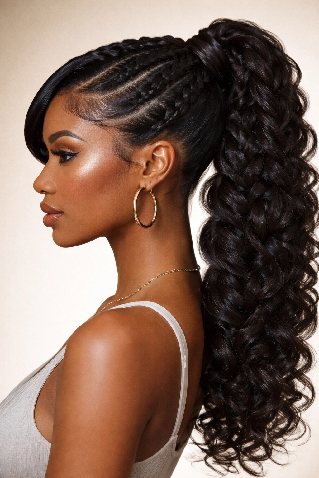 Curved swoop front braid blending into butterfly braid ponytail on a model; sculpted, face-framing style