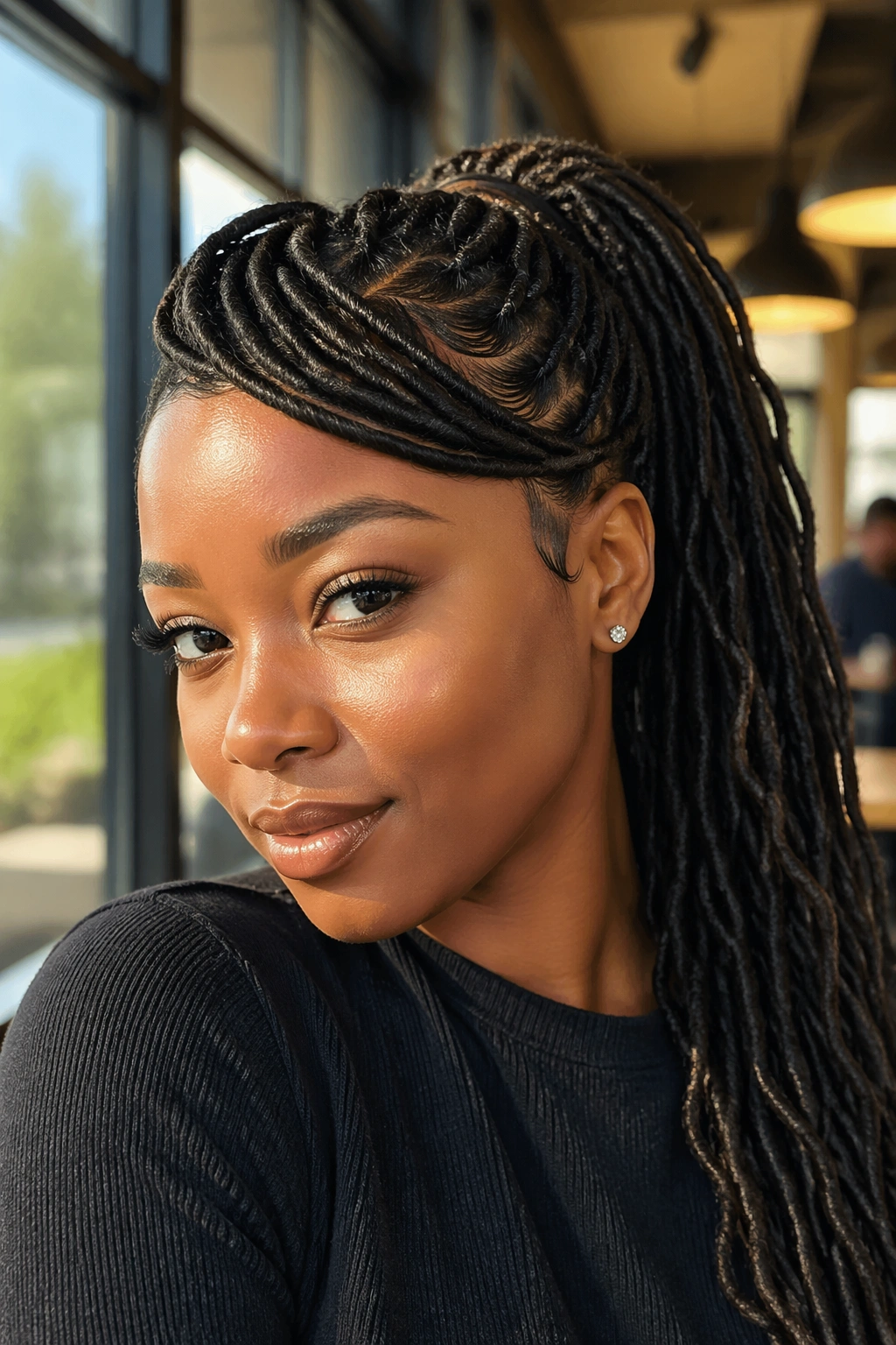 Close-up of a real person with a curved swoop ponytail framing the face
