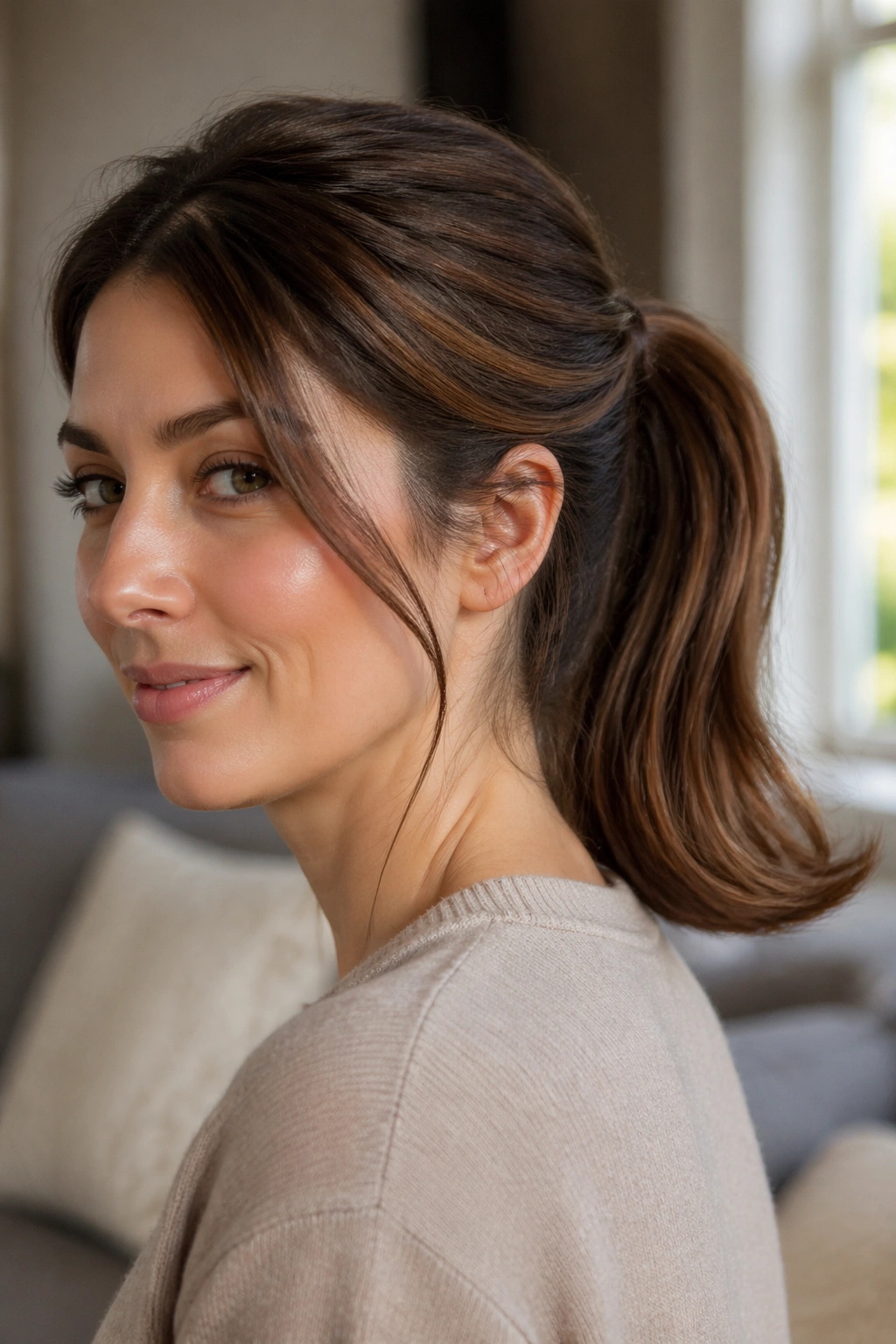 Close-up of a real woman with curved-under ends on a mid ponytail.