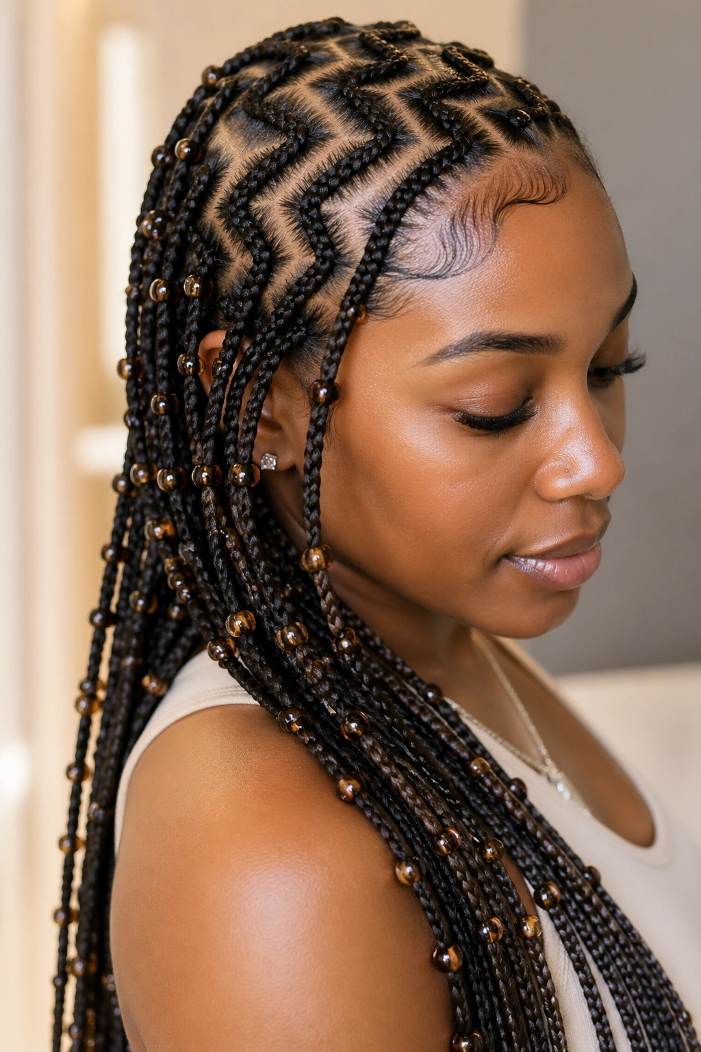Close-up of a real person with curved zigzag braids and bead trails along the length