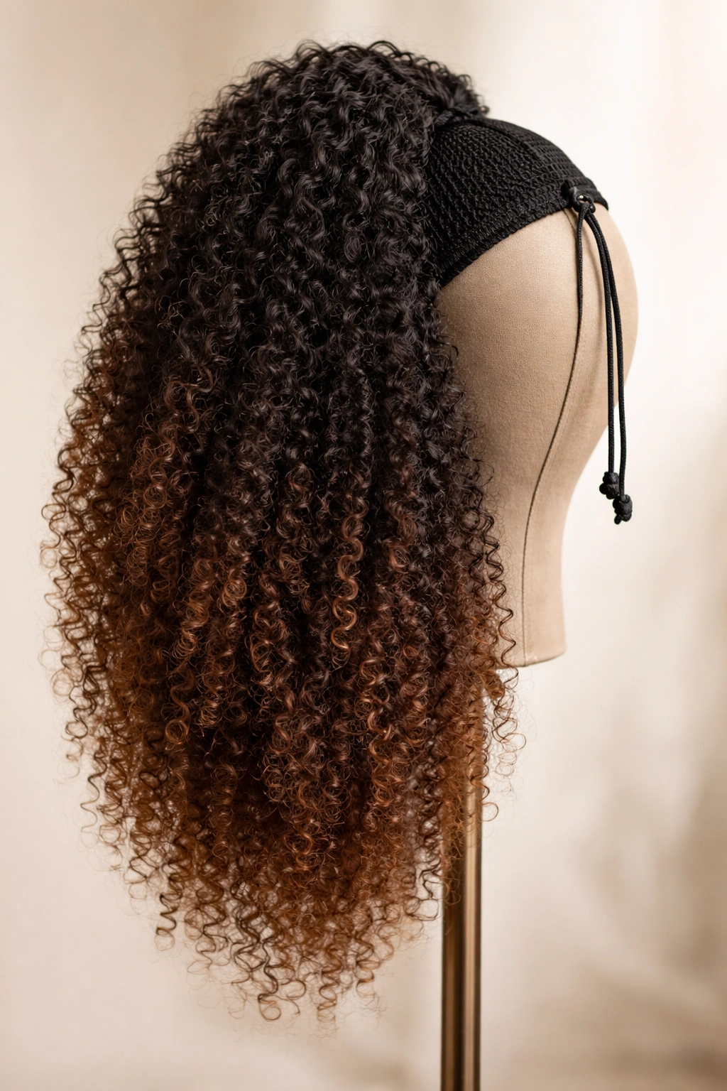Drawstring ponytail extension with blended human hair textures and visible base drawstring
