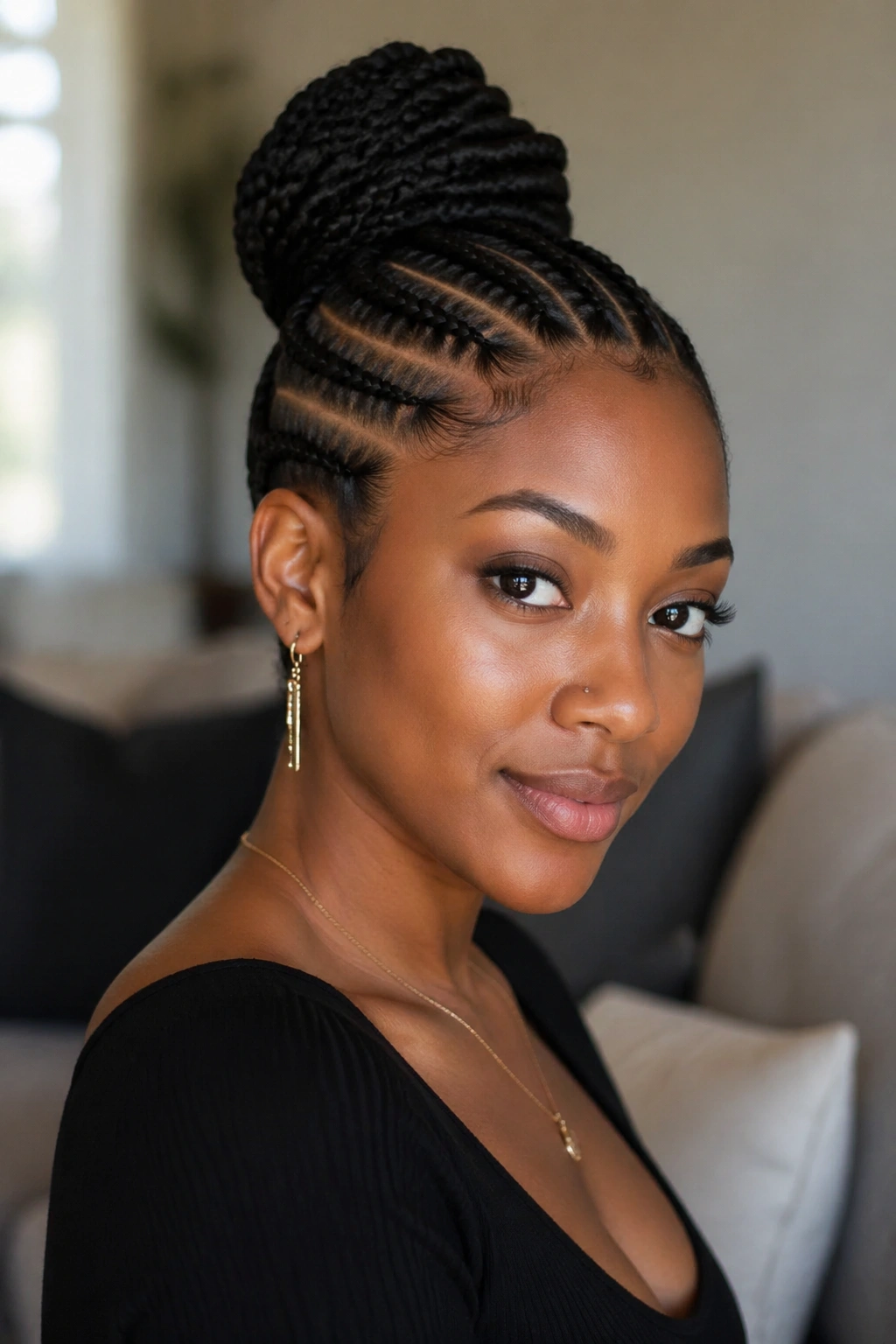 Portrait of a woman with a tailored cornrow updo that complements her face.