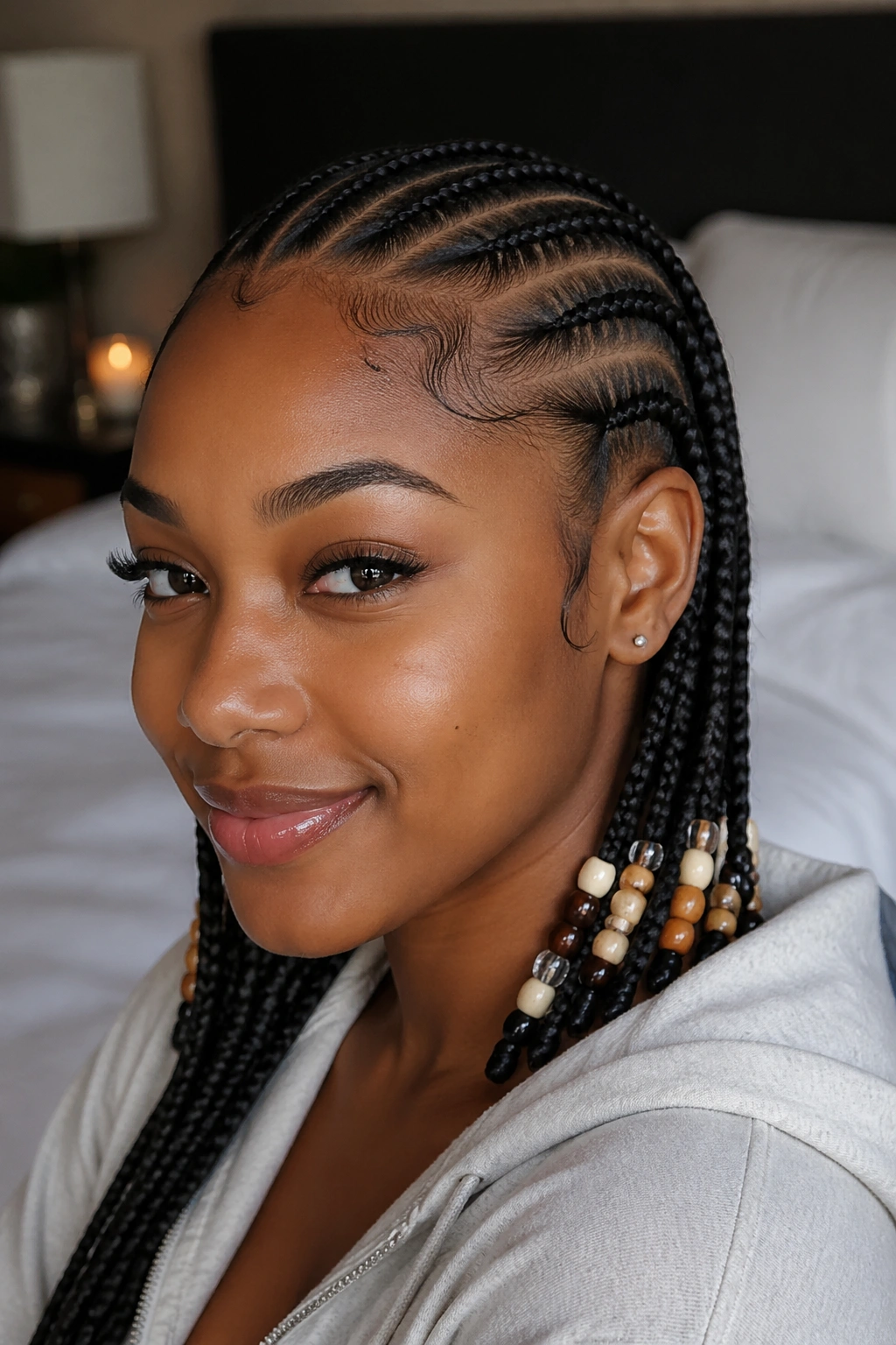 Close-up of a real woman's cute cornrows with bead accents in a cozy room