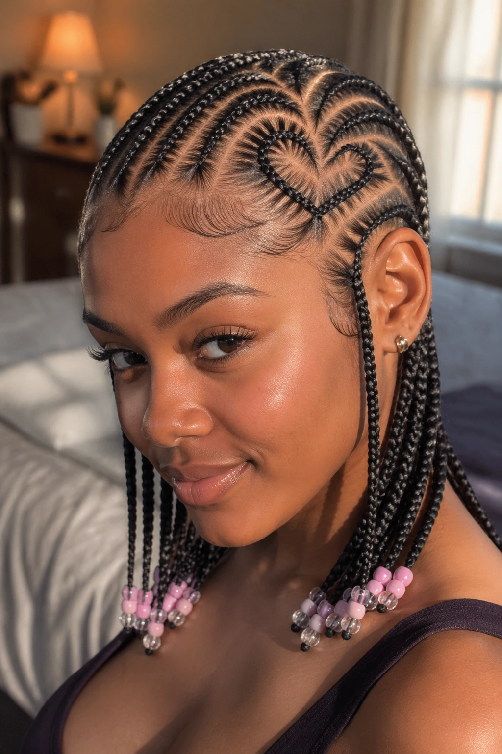 Close-up of real woman with heart-shaped crown cornrows and bead ends in warm window light