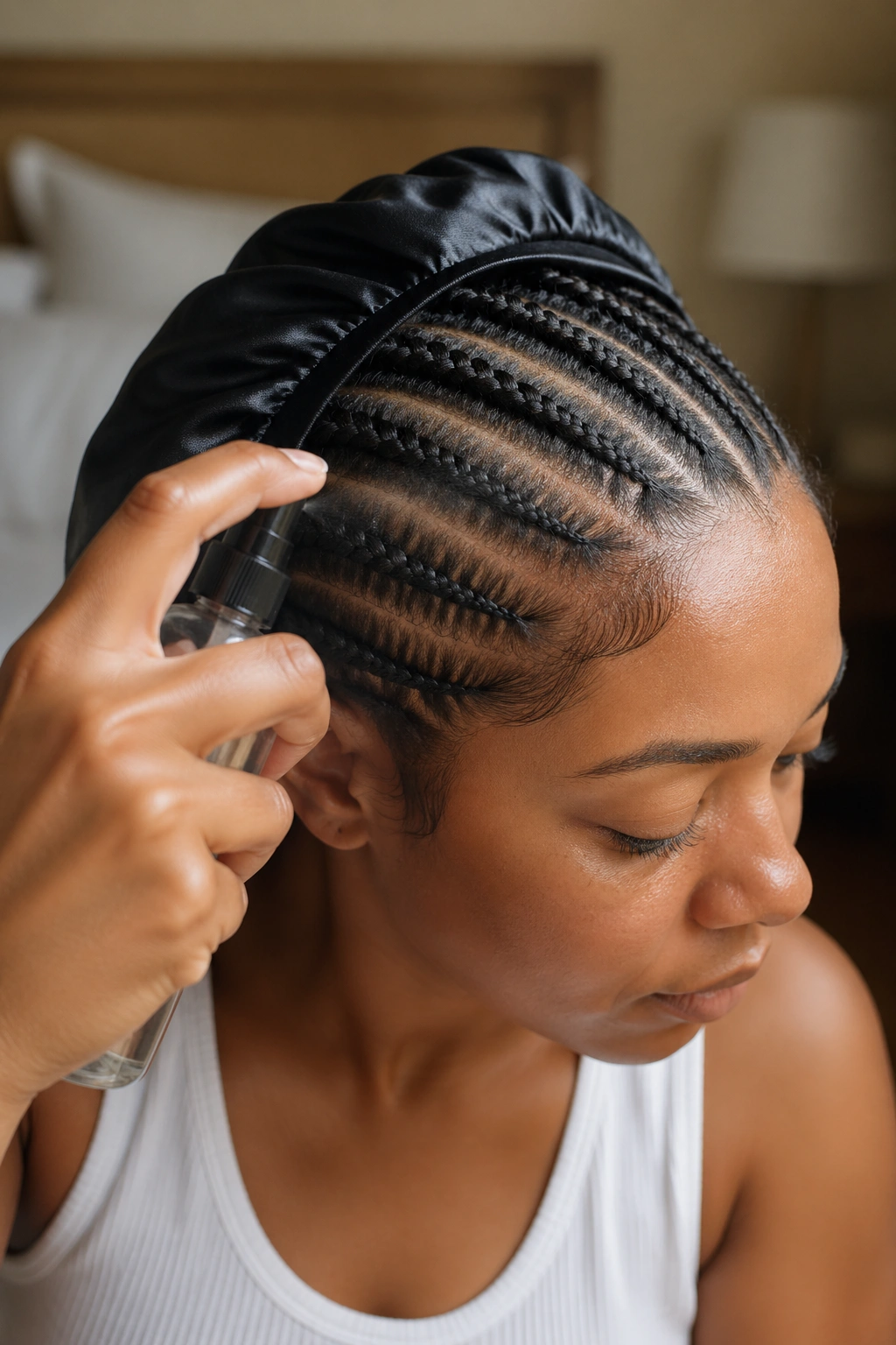 Real person performing daily care on needle cornrows with spray bottle in soft-lit room