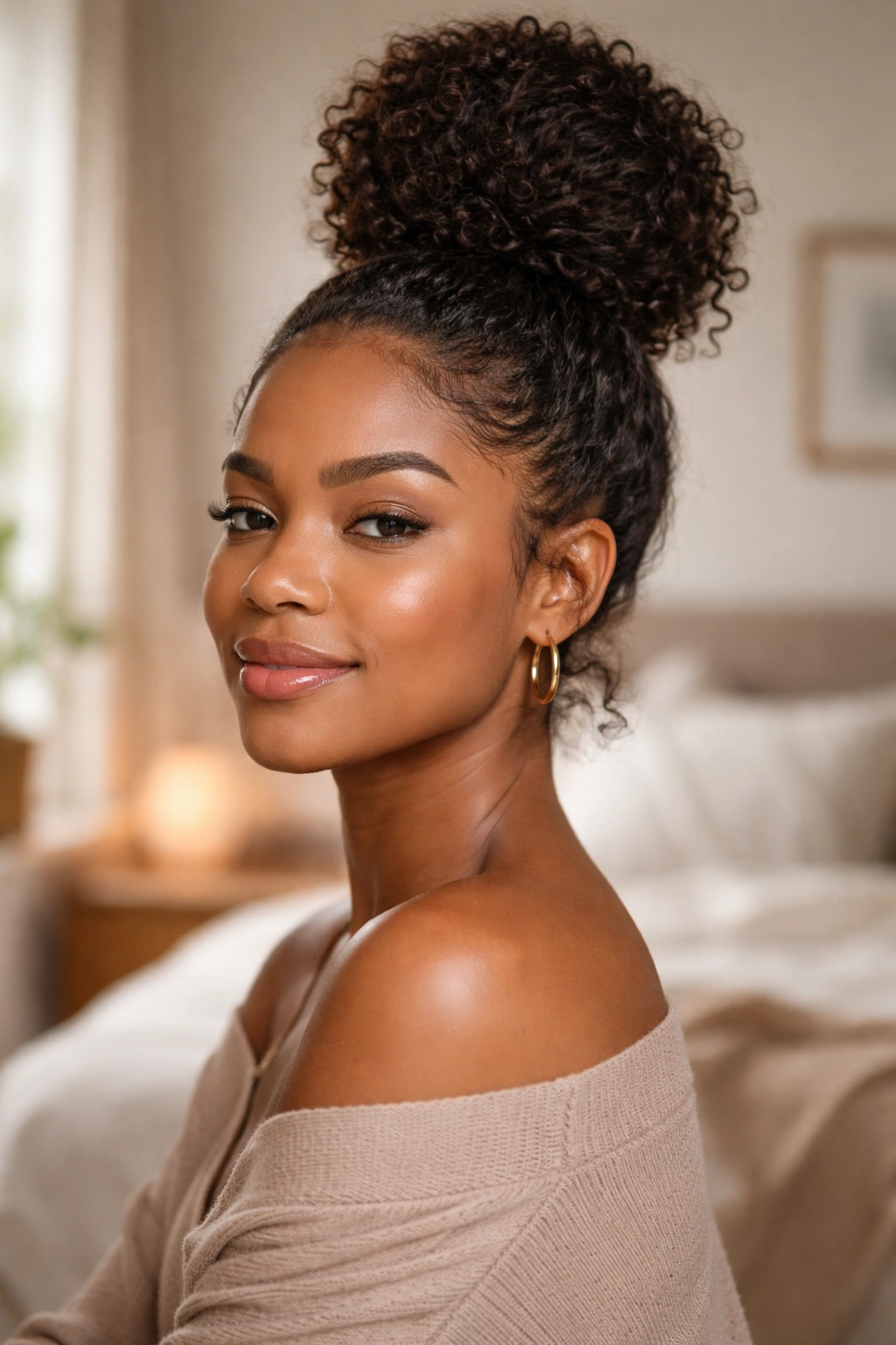 Close-up portrait of a real woman with a high bun expressing daily confidence