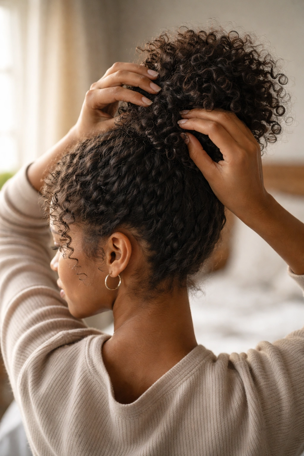 Close-up of a real person shaping a curly bun during a morning ritual in a cozy bedroom