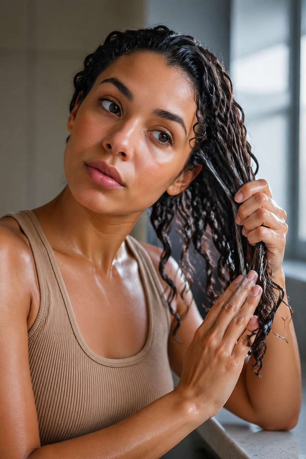 Medium close-up of a person applying curl cream to damp curls in a bathroom