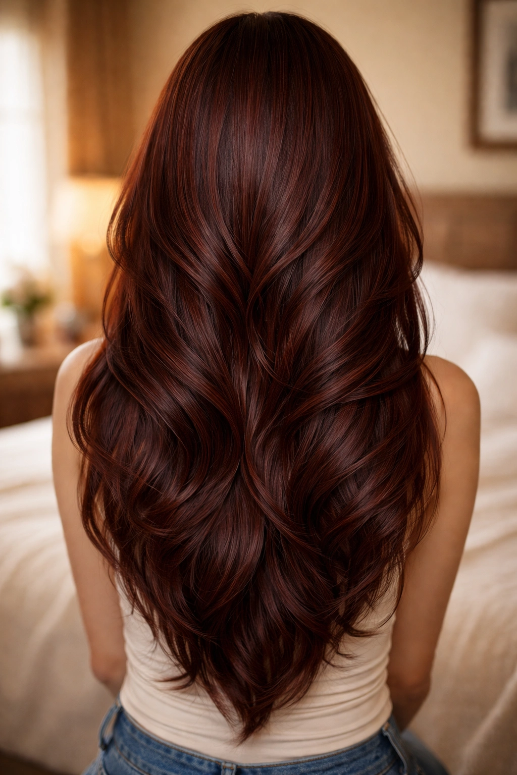 Back view of a woman with a dark auburn V-cut hairstyle