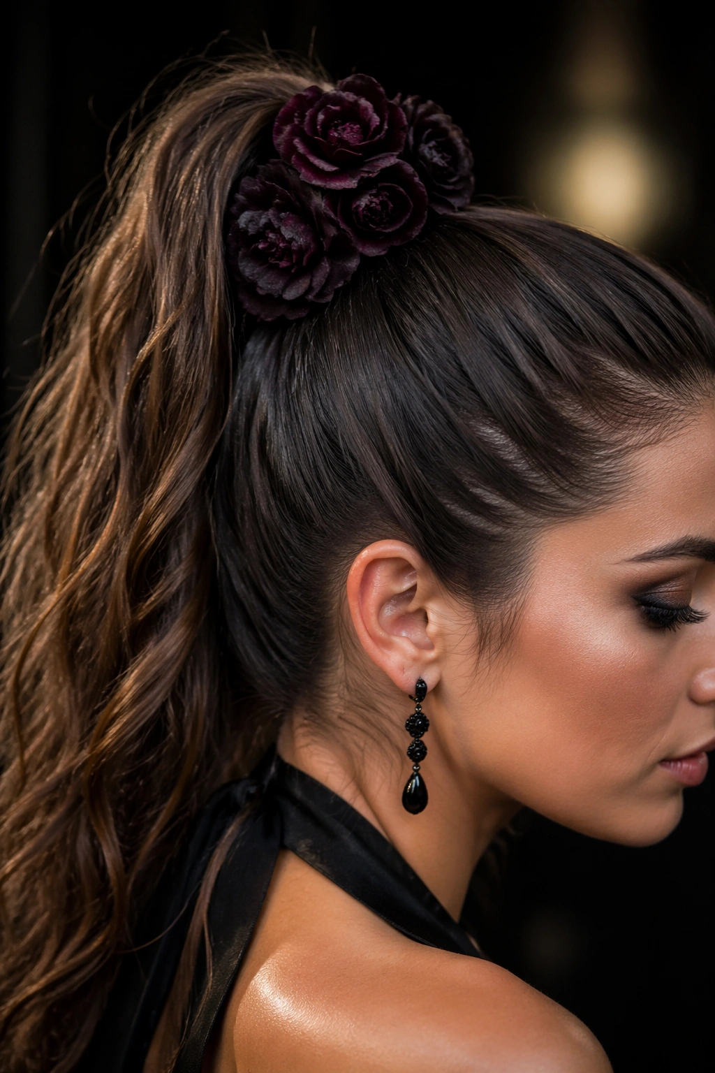 Close-up of a high sleek ponytail with dark burgundy blooms at the base