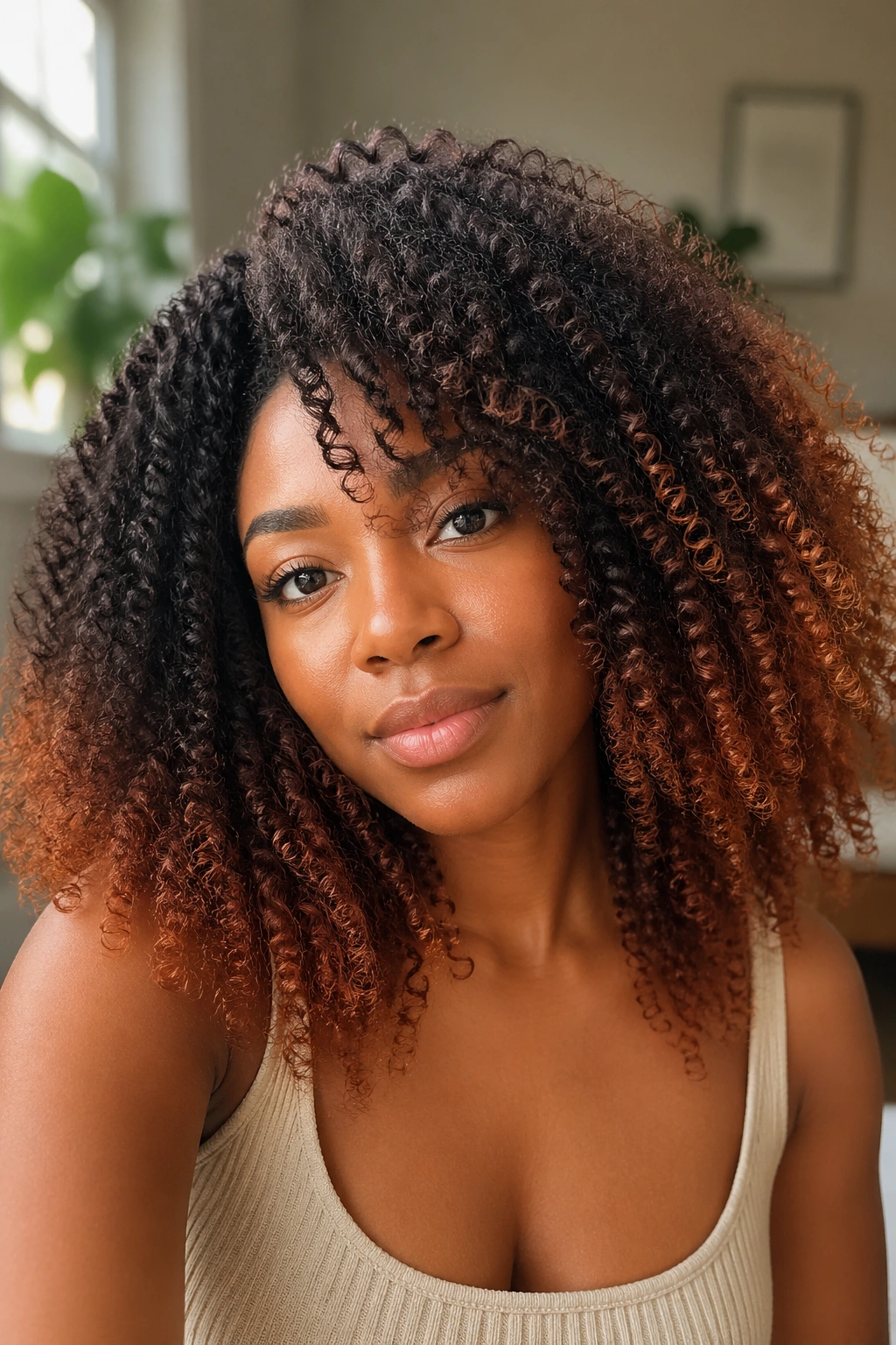 Close-up of dark brown to auburn ombre curls on a real person in warm sunlight