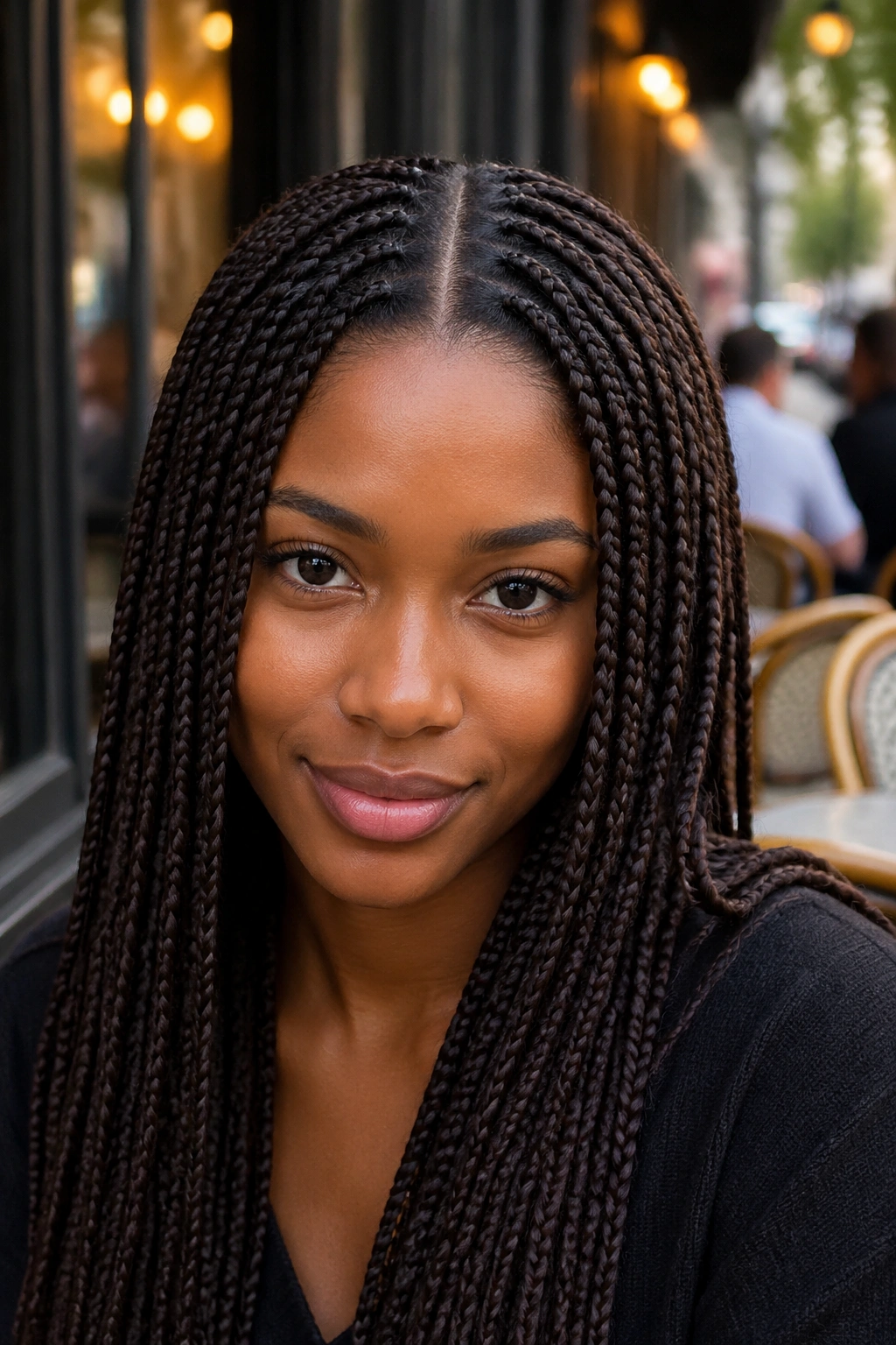 Real woman with dark brown box braids and a sharp center part.