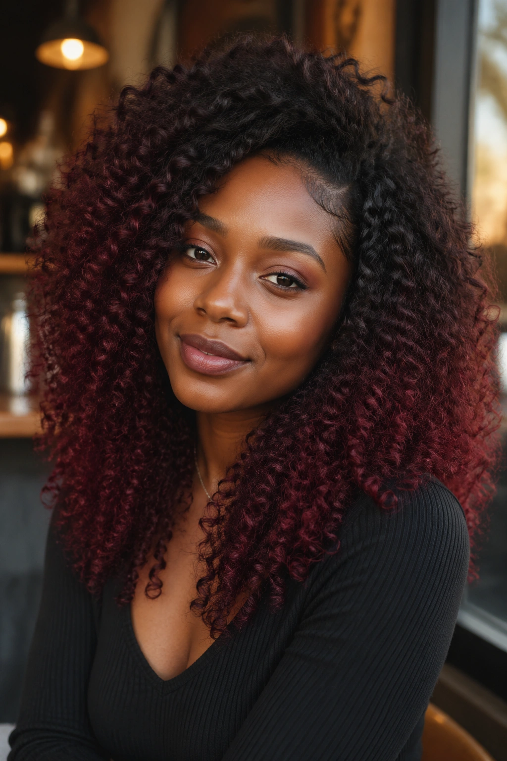 Close-up of dark brown to burgundy ombre curls on a real person in warm indoor light