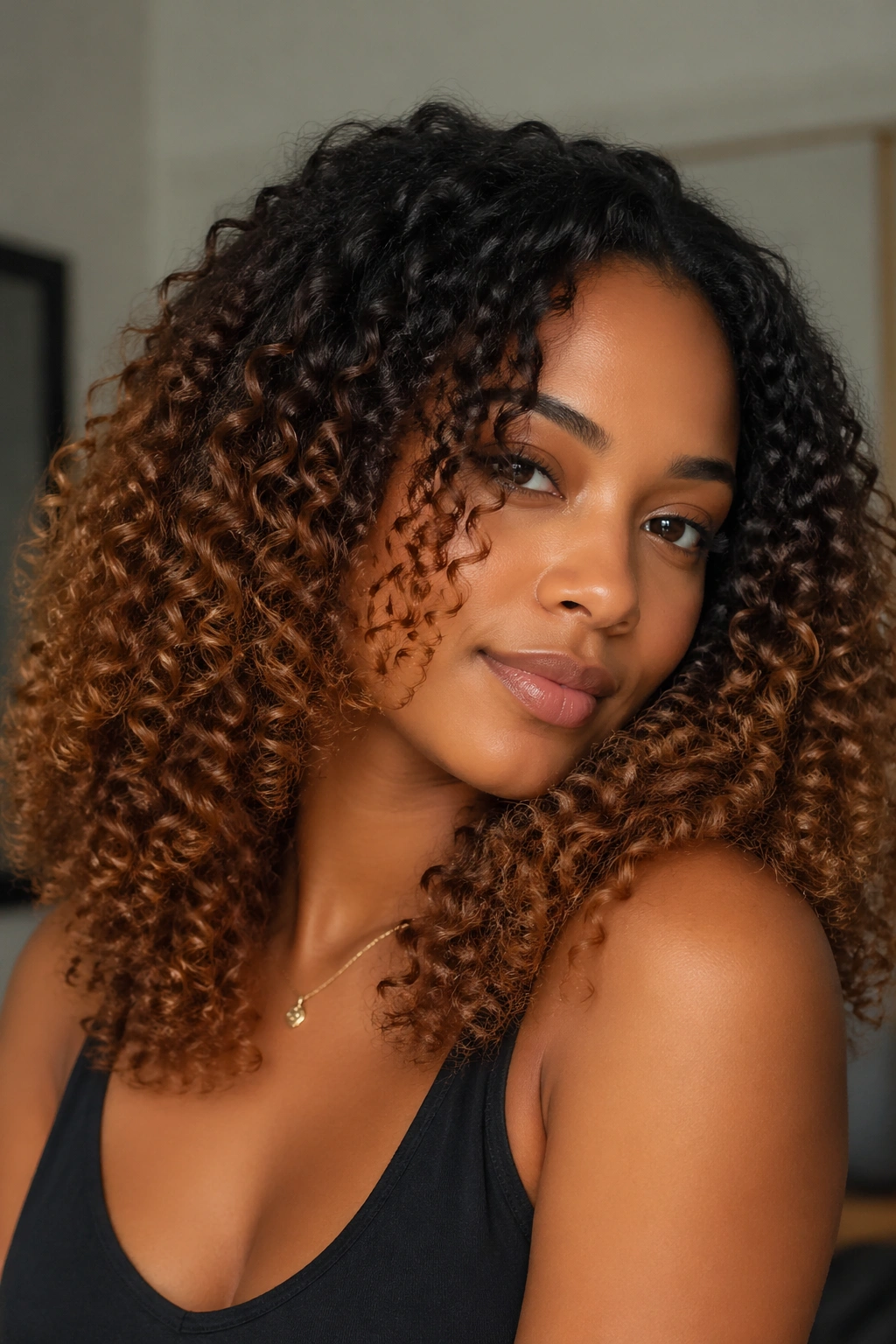 Close-up of dark brown roots fading to caramel on natural curls