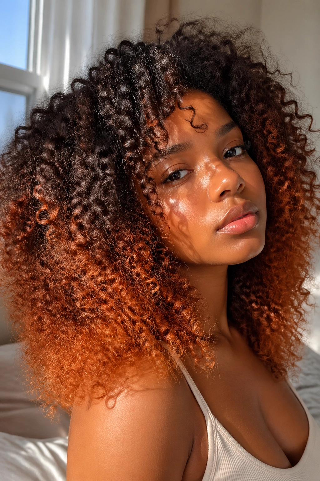 Close-up of dark brown to copper ombre curls on a real person in warm window light