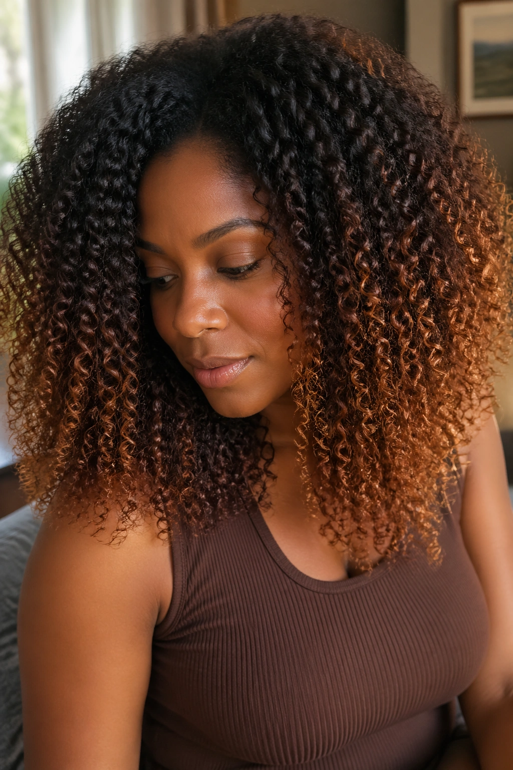 Close-up of dark brown to light brown ombre curls on a real person with natural light