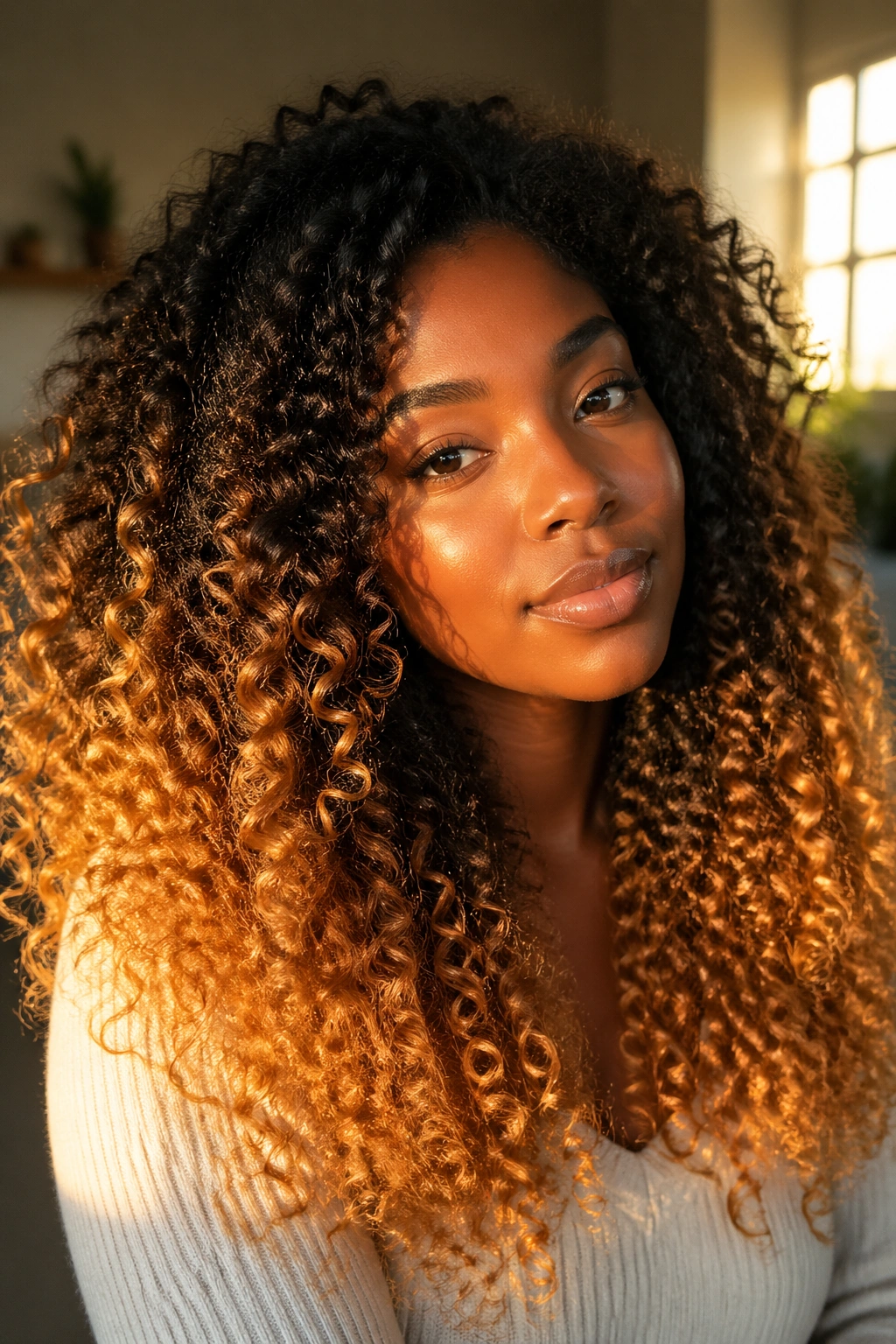 Close-up of natural curls with dark brown to golden ombre under warm lighting