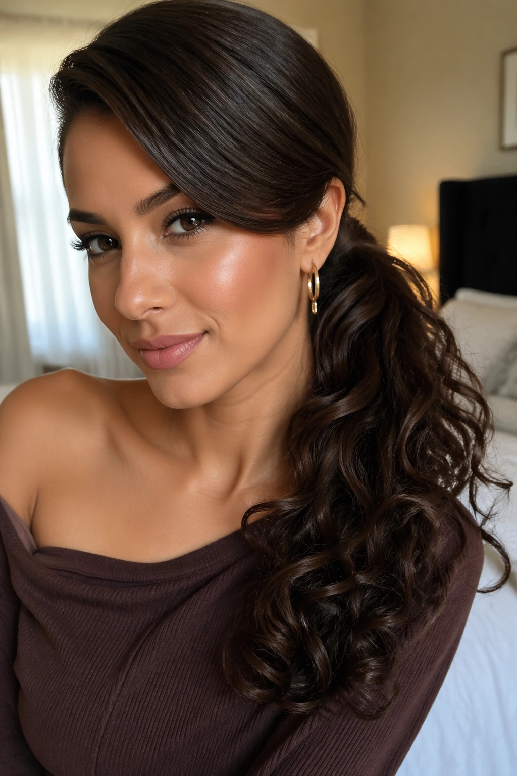 Close-up of real woman with dark brown side-swoop ponytail, sleek front and full ponytail in natural window light