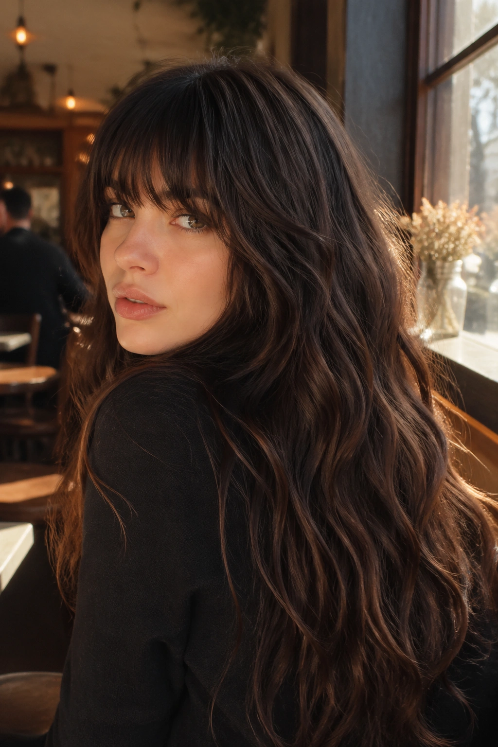 Close-up of a real woman with dark brunette mermaid waves and razor bangs.