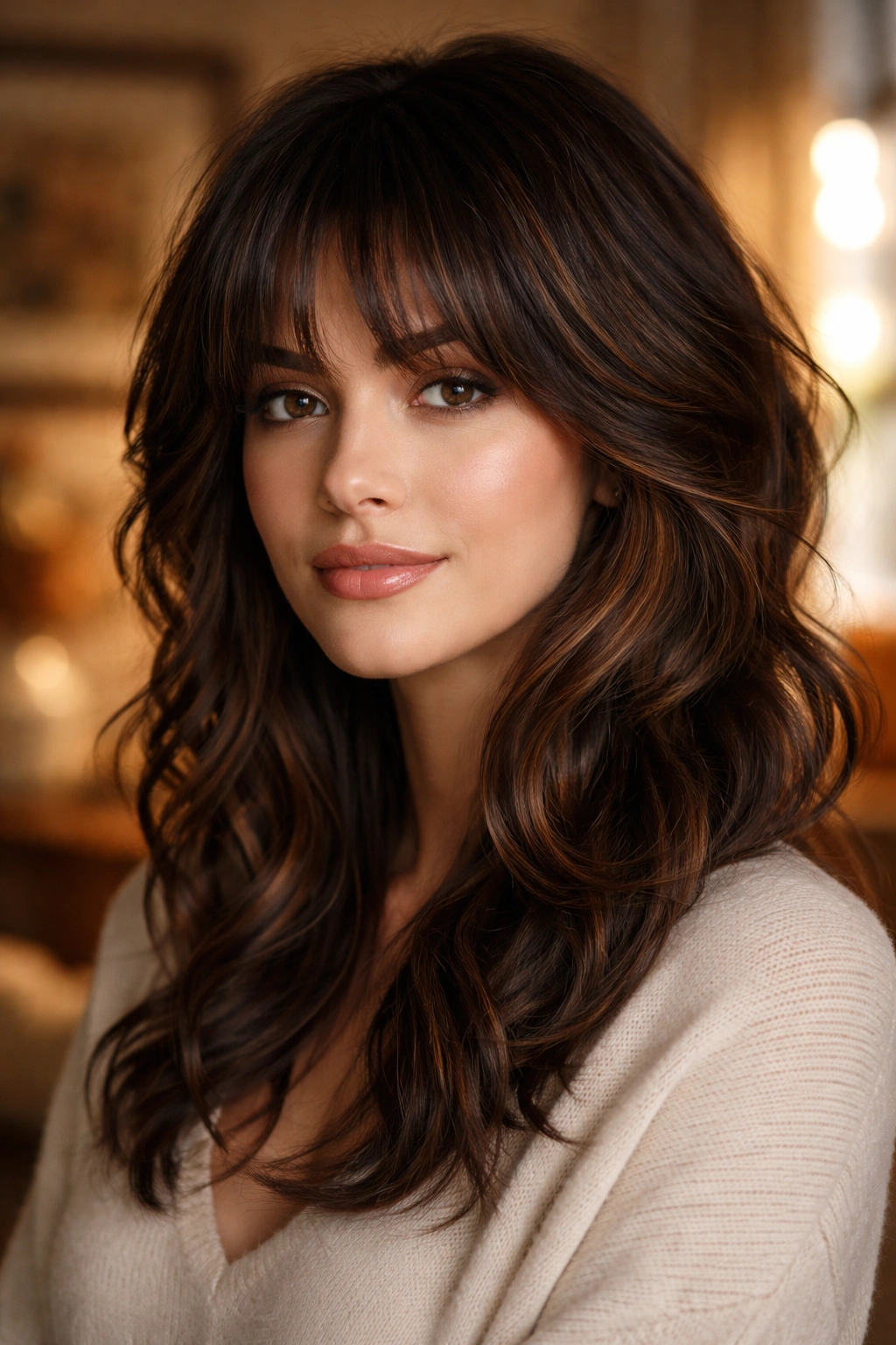 Close-up of a real person with dark brunette wolf cut and caramel ribbons in warm fall light