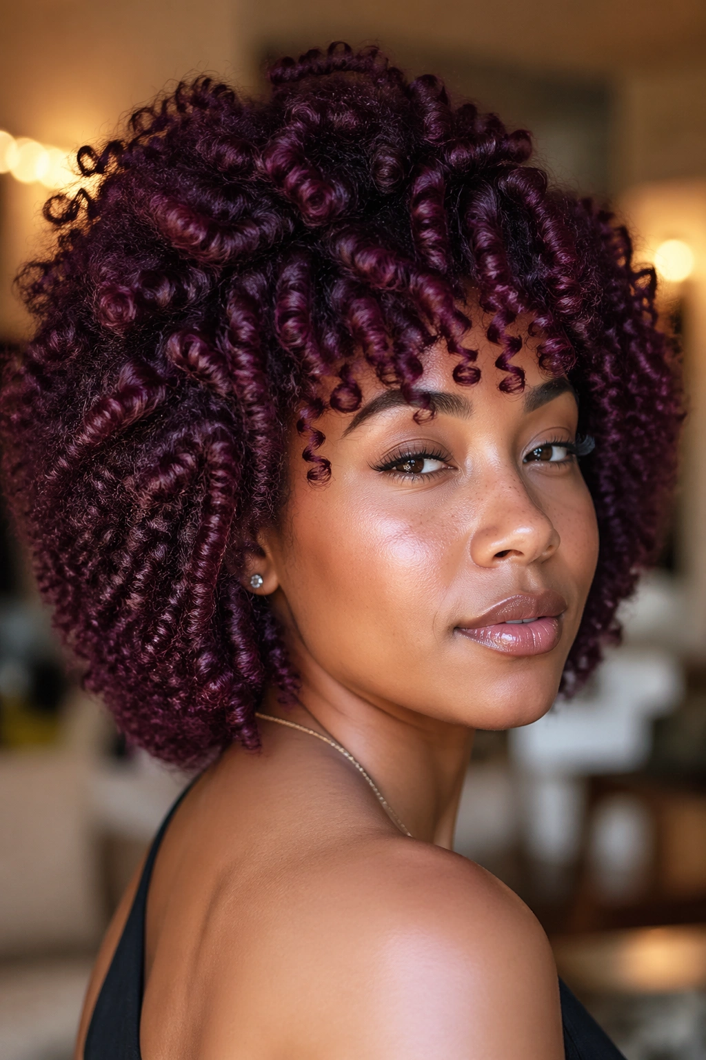 Close-up of a real woman with dark cherry curls showing purple undertones in direct light