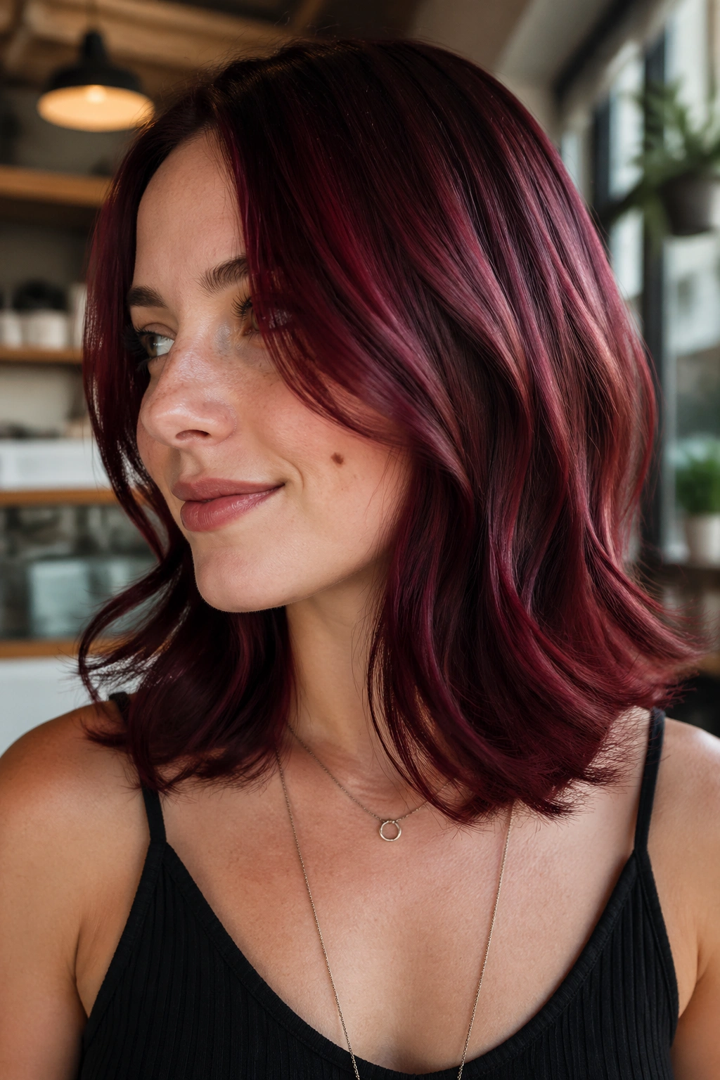 Close-up of dark cherry waves with flipped ends on a real person