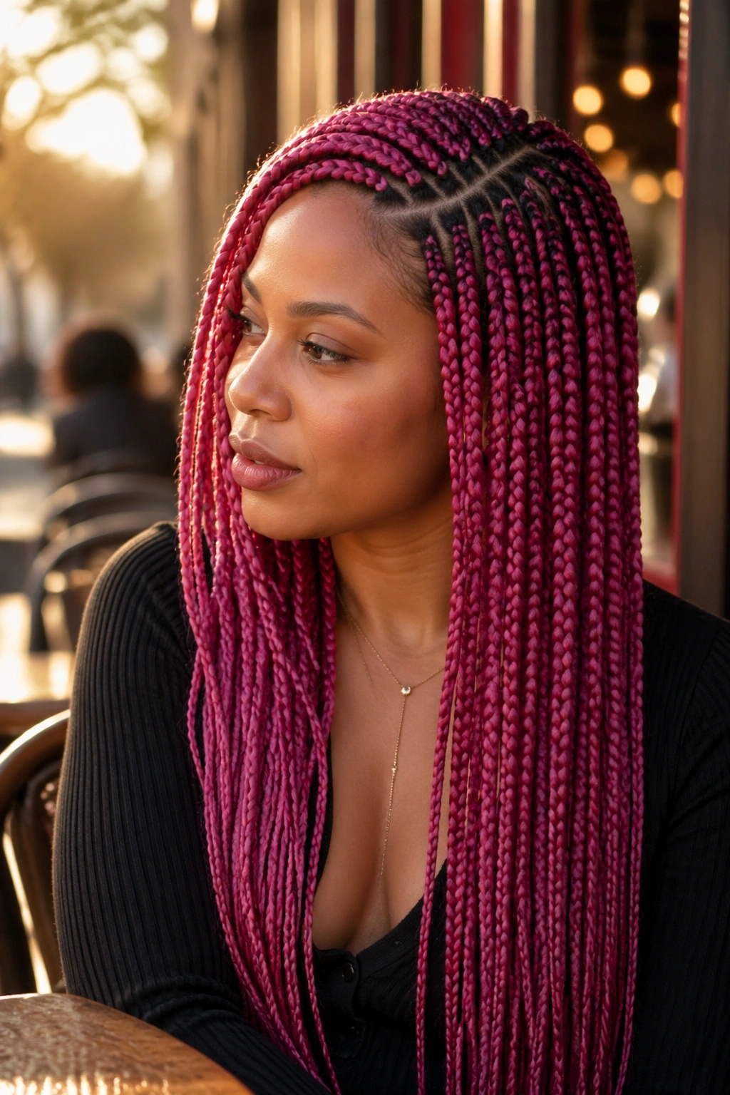 Three-quarter profile of a real person with dark pink box braids and a side part.