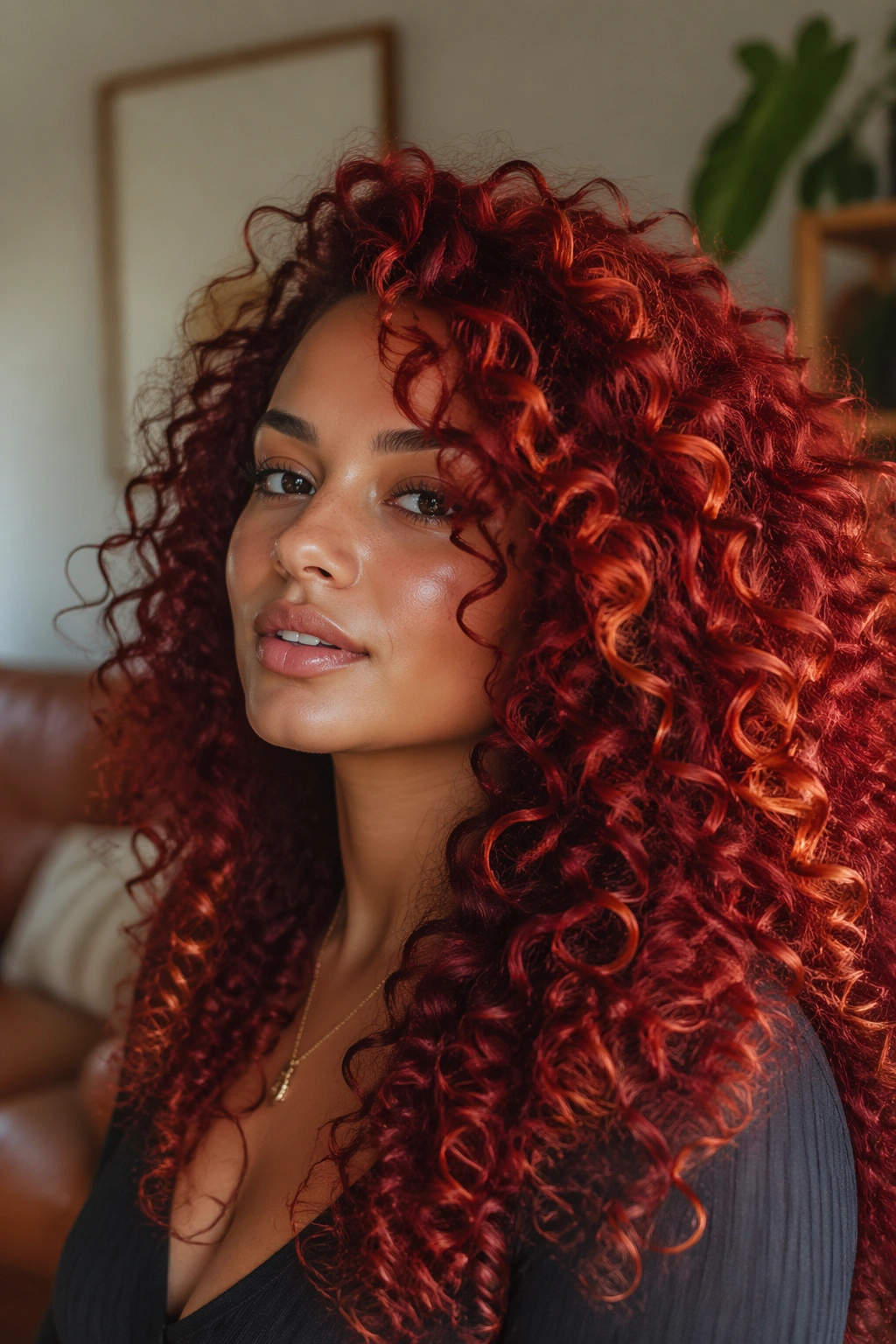 Real woman with dark red base and visible copper highlights