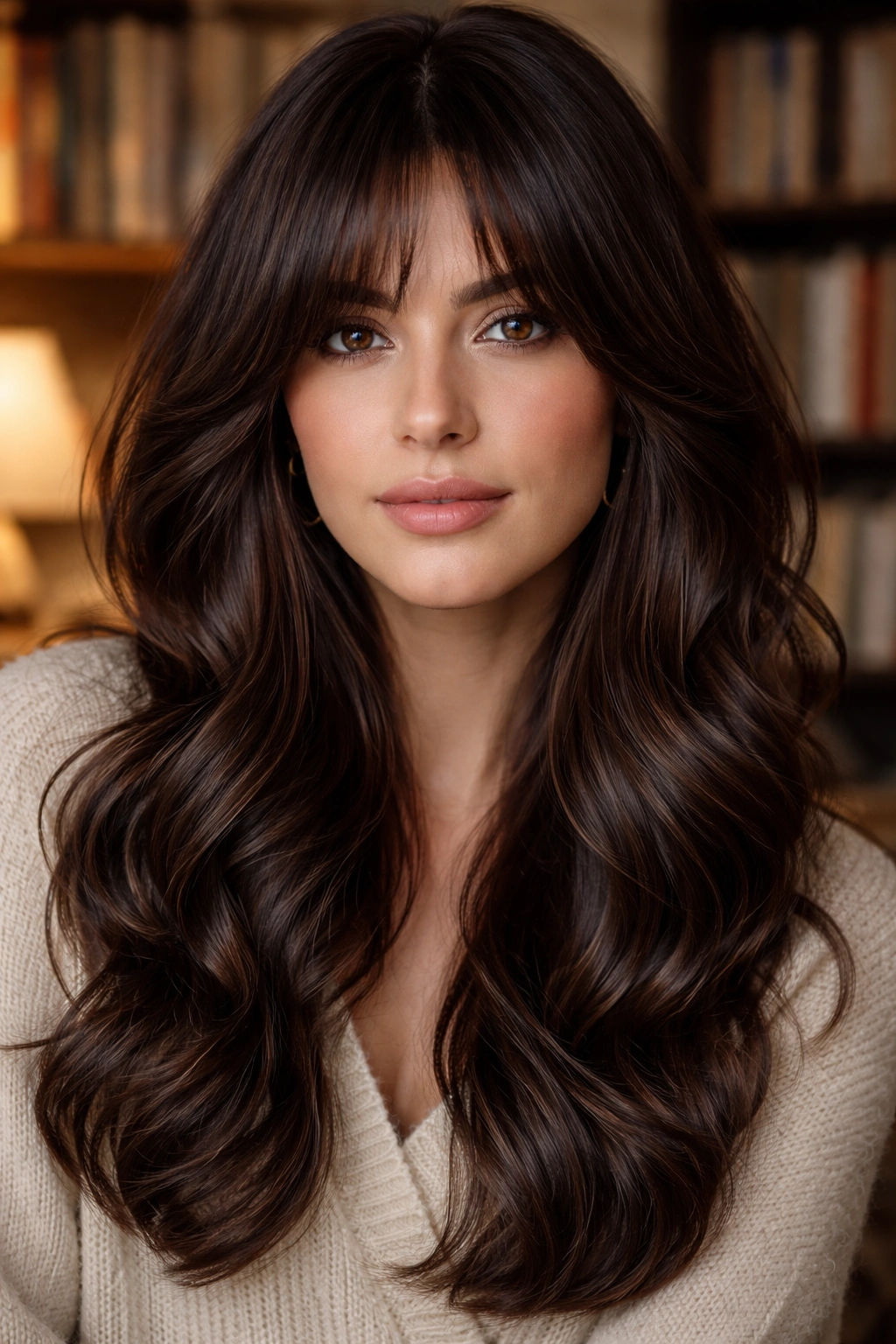 Real woman with dark roast brunette and heavy curtain bangs in warm library lighting